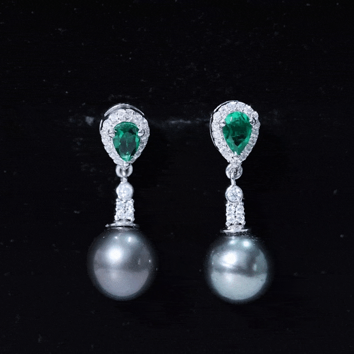 Vintage Looking 15 Carat Black Pearl Dangle Earrings with Lab Emerald and Diamond