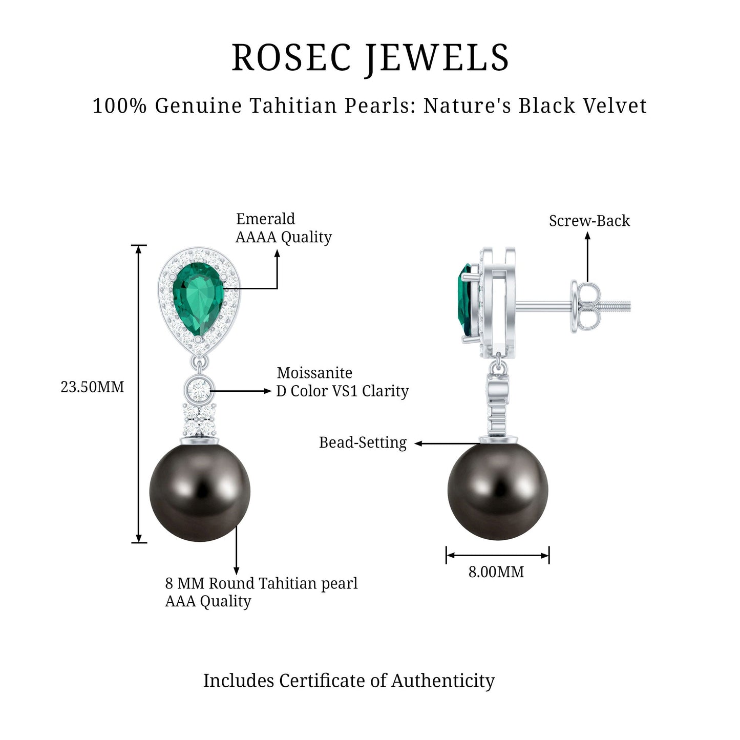 Vintage Looking 15 Carat Black Pearl Dangle Earrings with Lab Emerald and Diamond