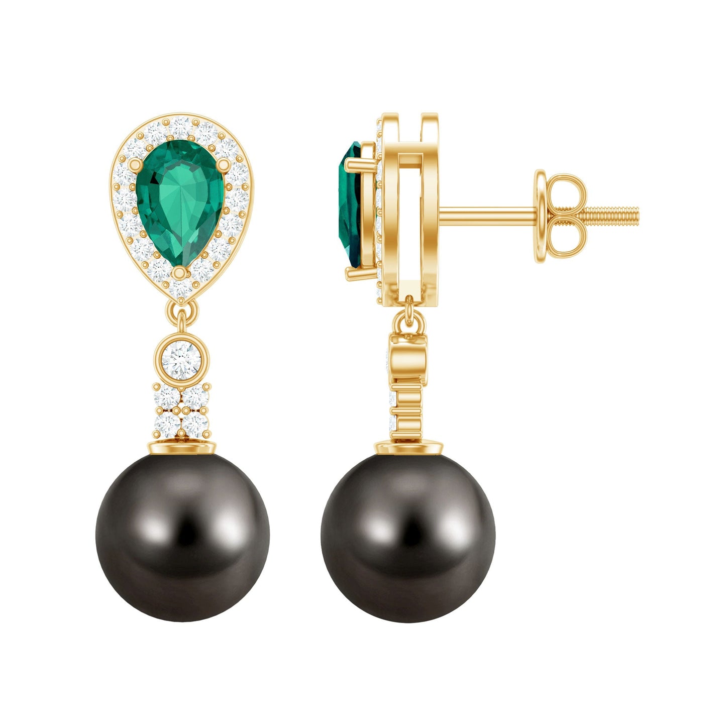 Vintage Looking 15 Carat Black Pearl Dangle Earrings with Lab Emerald and Diamond