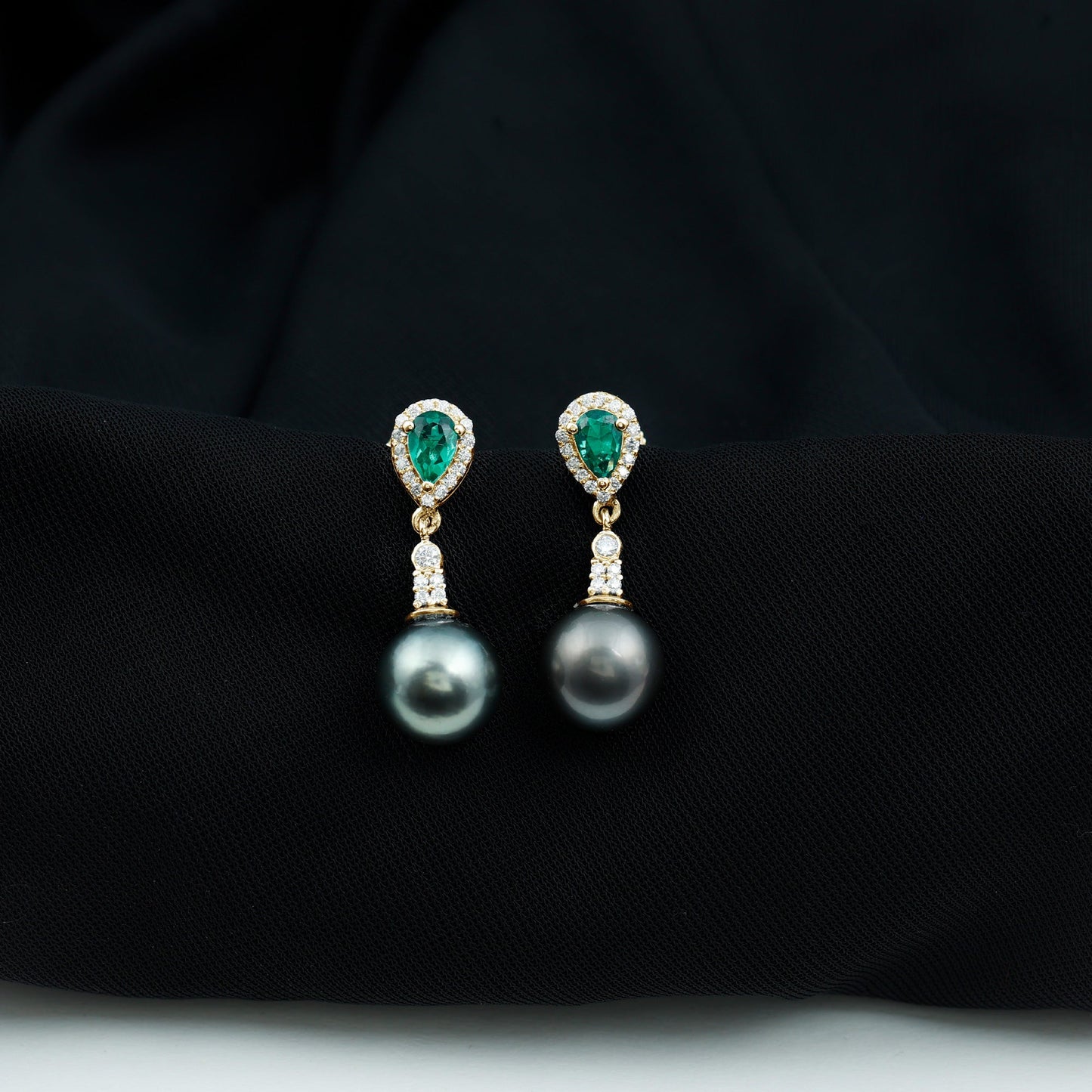Vintage Looking 15 Carat Black Pearl Dangle Earrings with Lab Emerald and Diamond