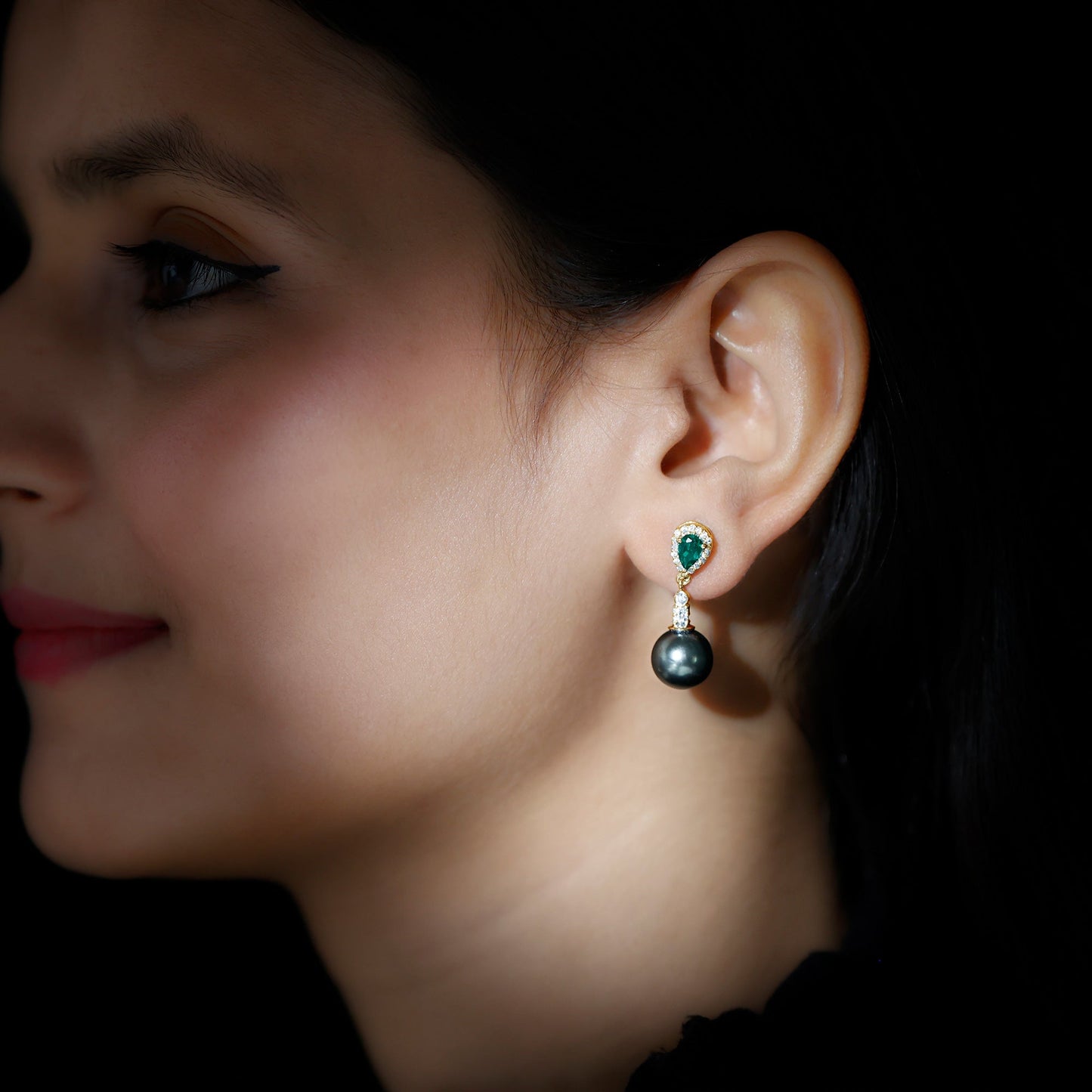 Vintage Looking 15 Carat Black Pearl Dangle Earrings with Lab Emerald and Diamond