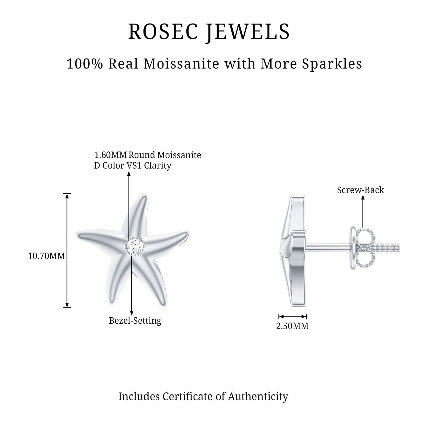 Bezel Set Round Moissanite Starfish Stud Earrings
