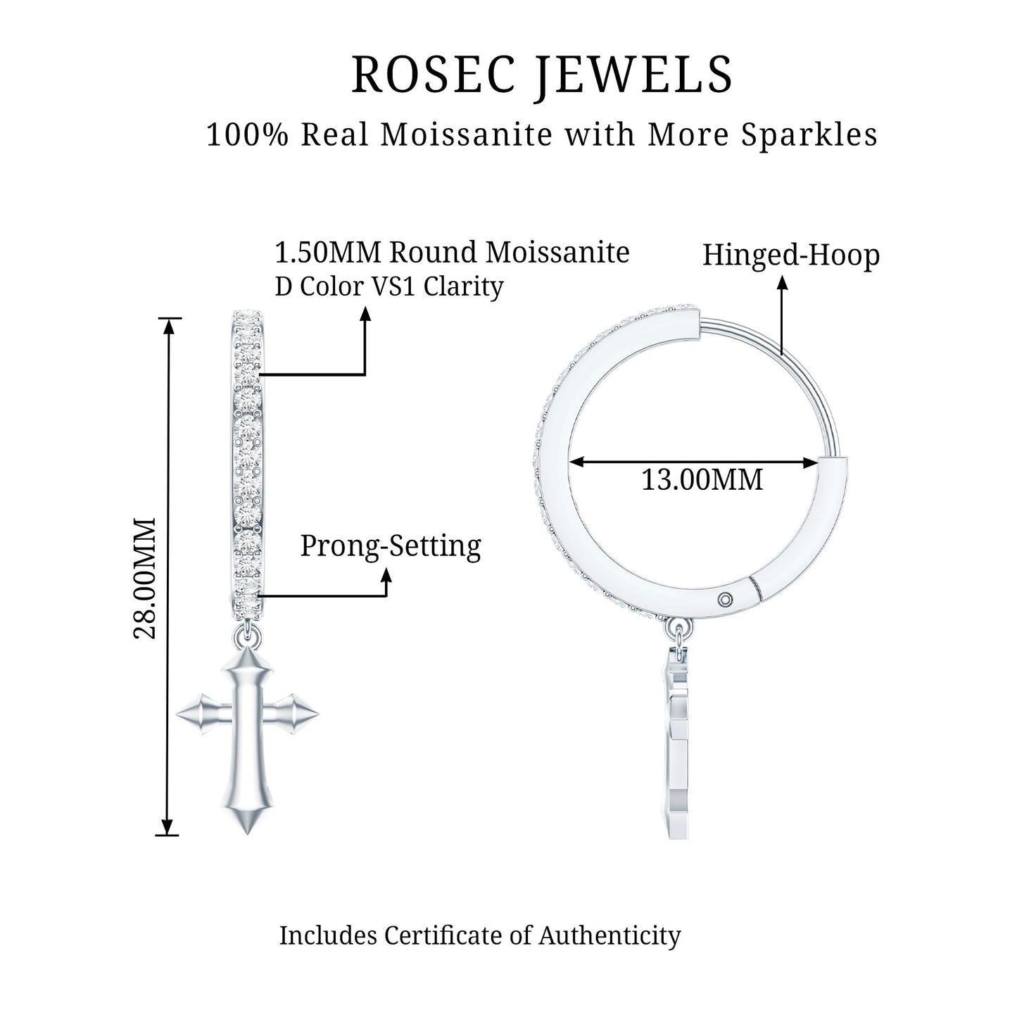 Certified Moissanite Cross Drop Earrings