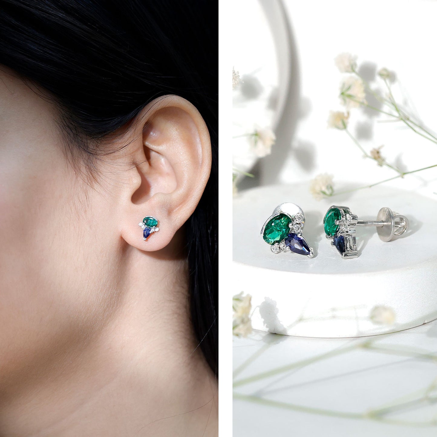 Lab Grown Emerald and Blue Sapphire Bridal Stud Earring with Certificate