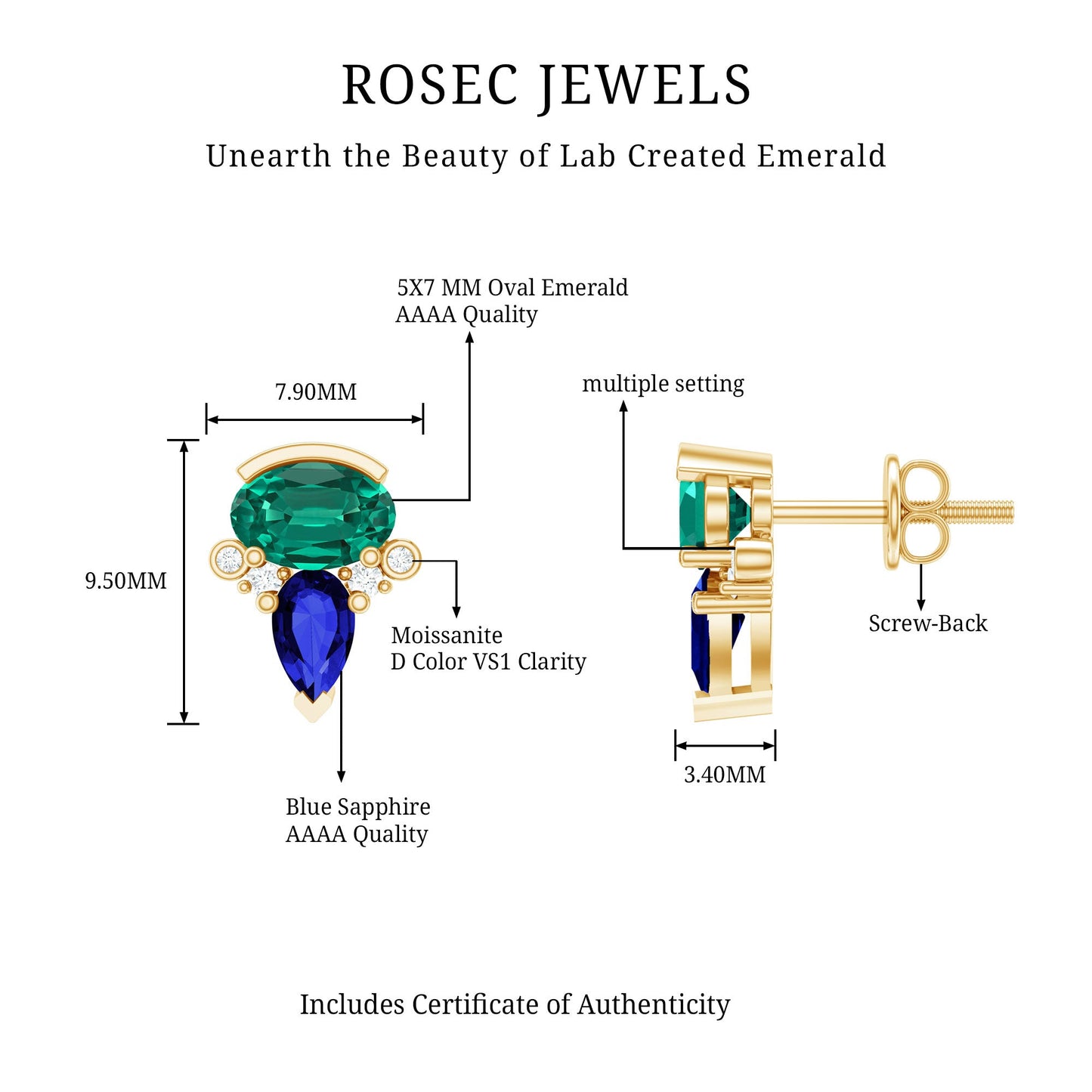 Lab Grown Emerald and Blue Sapphire Bridal Stud Earring with Certificate