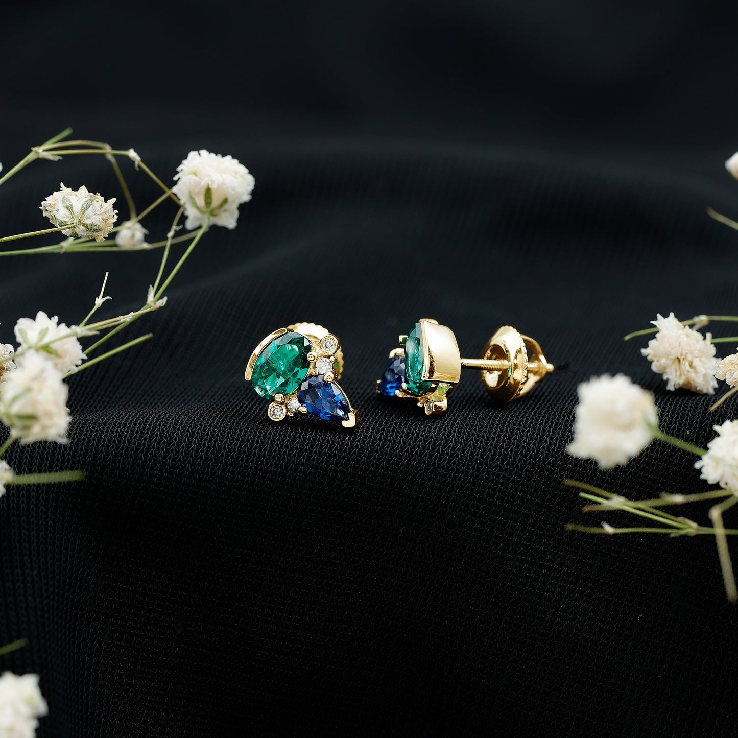 Lab Grown Emerald and Blue Sapphire Bridal Stud Earring with Certificate