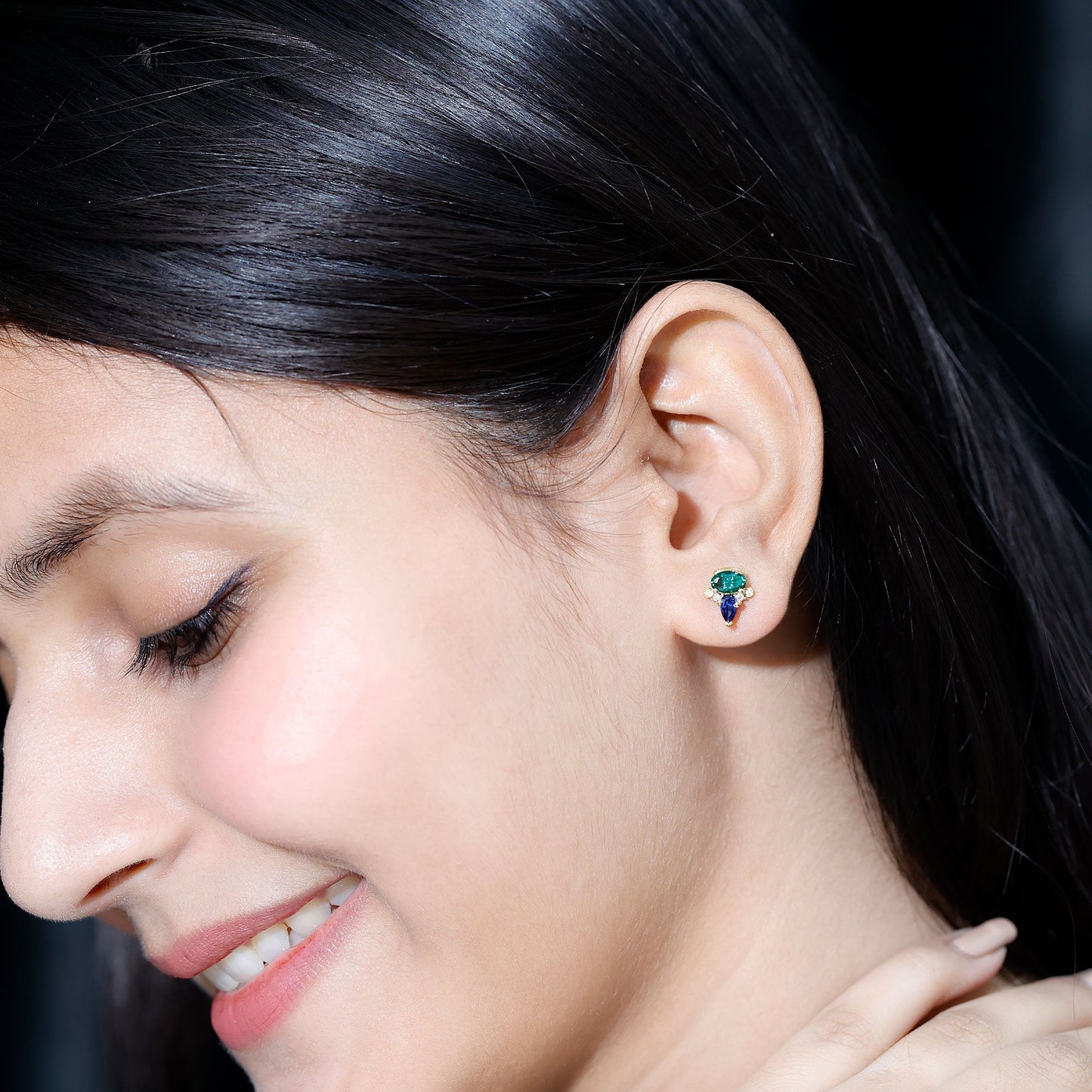 Lab Grown Emerald and Blue Sapphire Bridal Stud Earring with Certificate