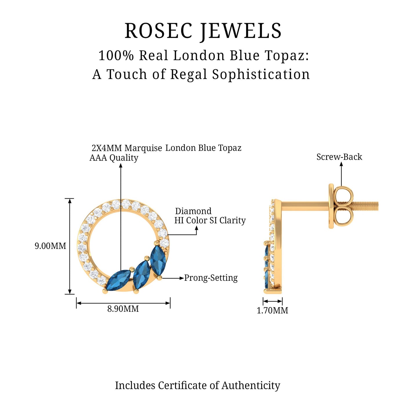 Marquise Cut London Blue Topaz and Diamond Eternity Stud Earrings