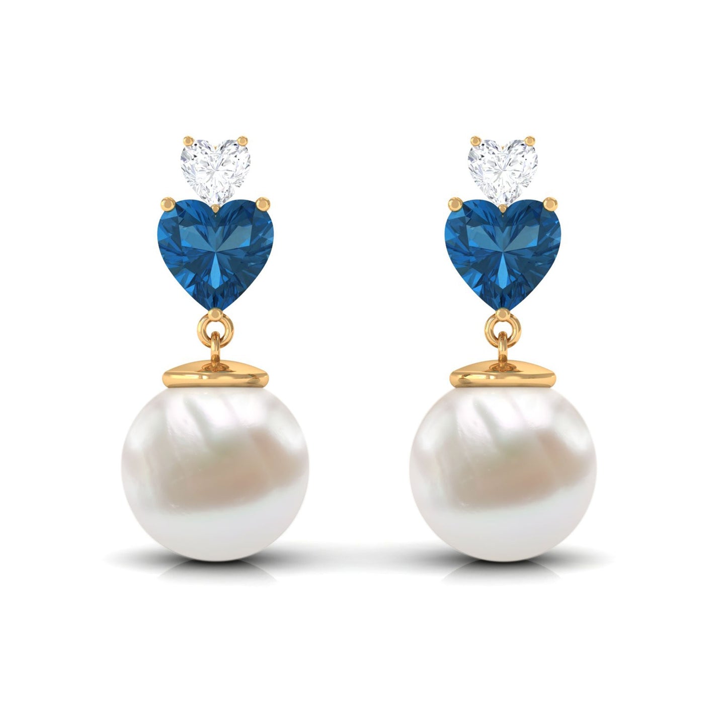 Freshwater Pearl Heart Stud Drop Earrings with London Blue Topaz and Moissanite