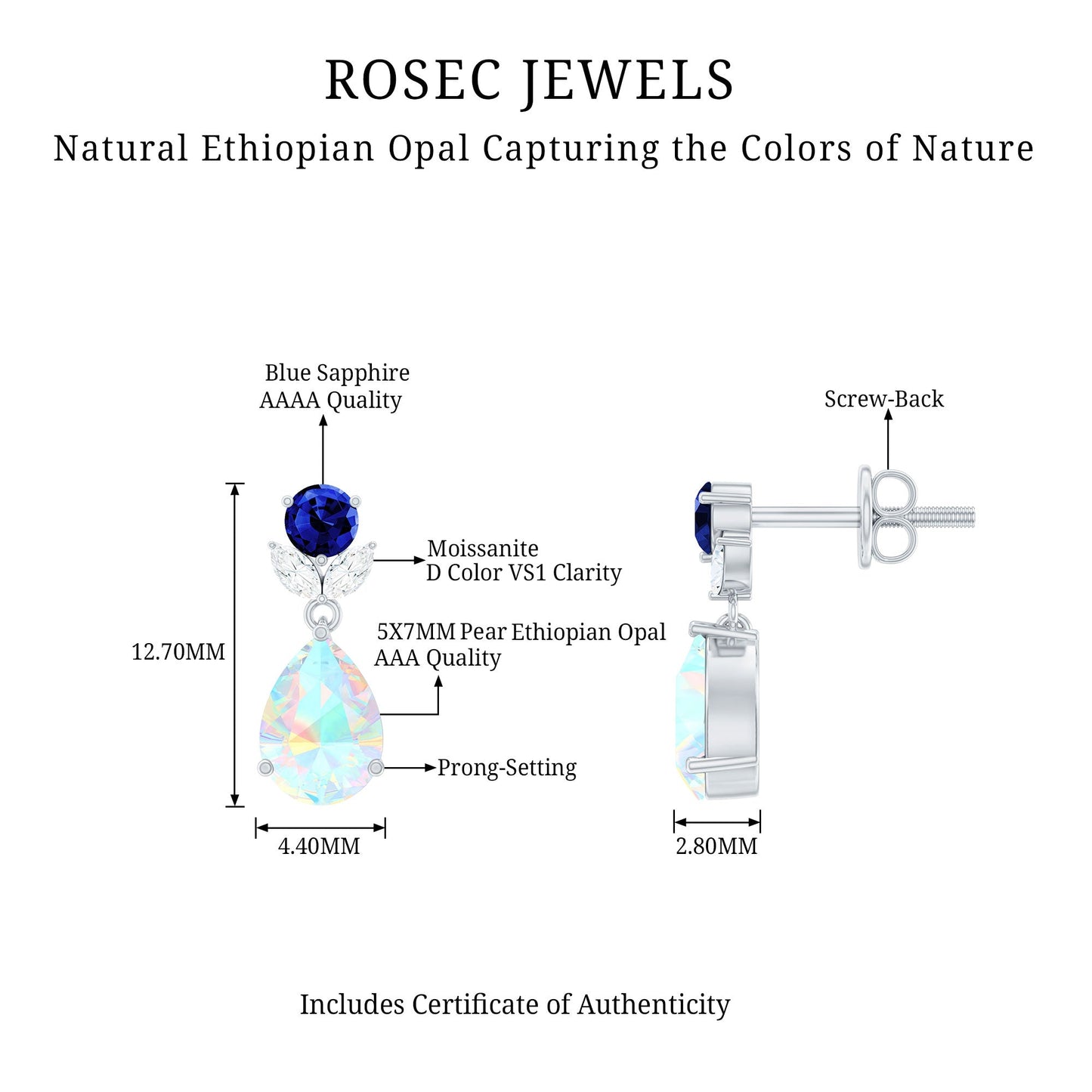 1.4 Carat Ethiopian Opal Teardrop Earrings with Lab Blue Sapphire