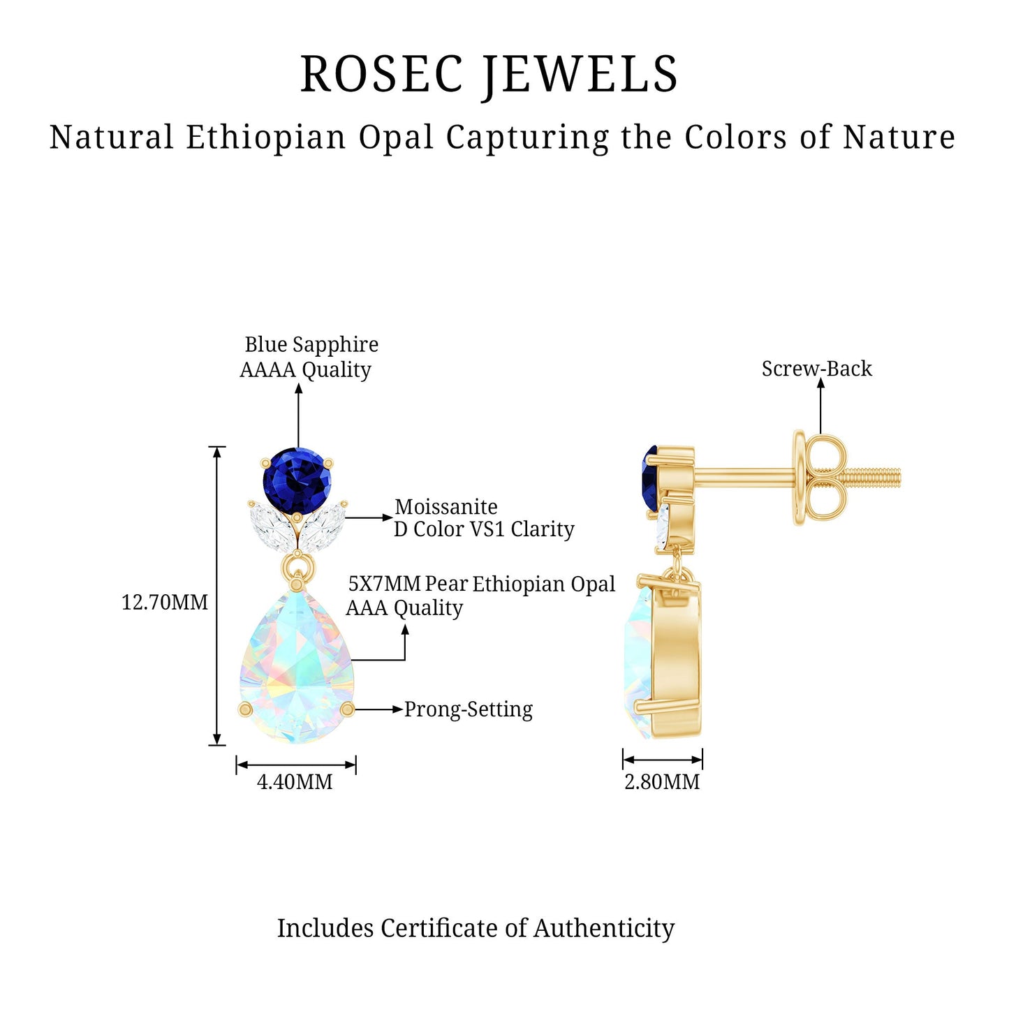 1.4 Carat Ethiopian Opal Teardrop Earrings with Lab Blue Sapphire