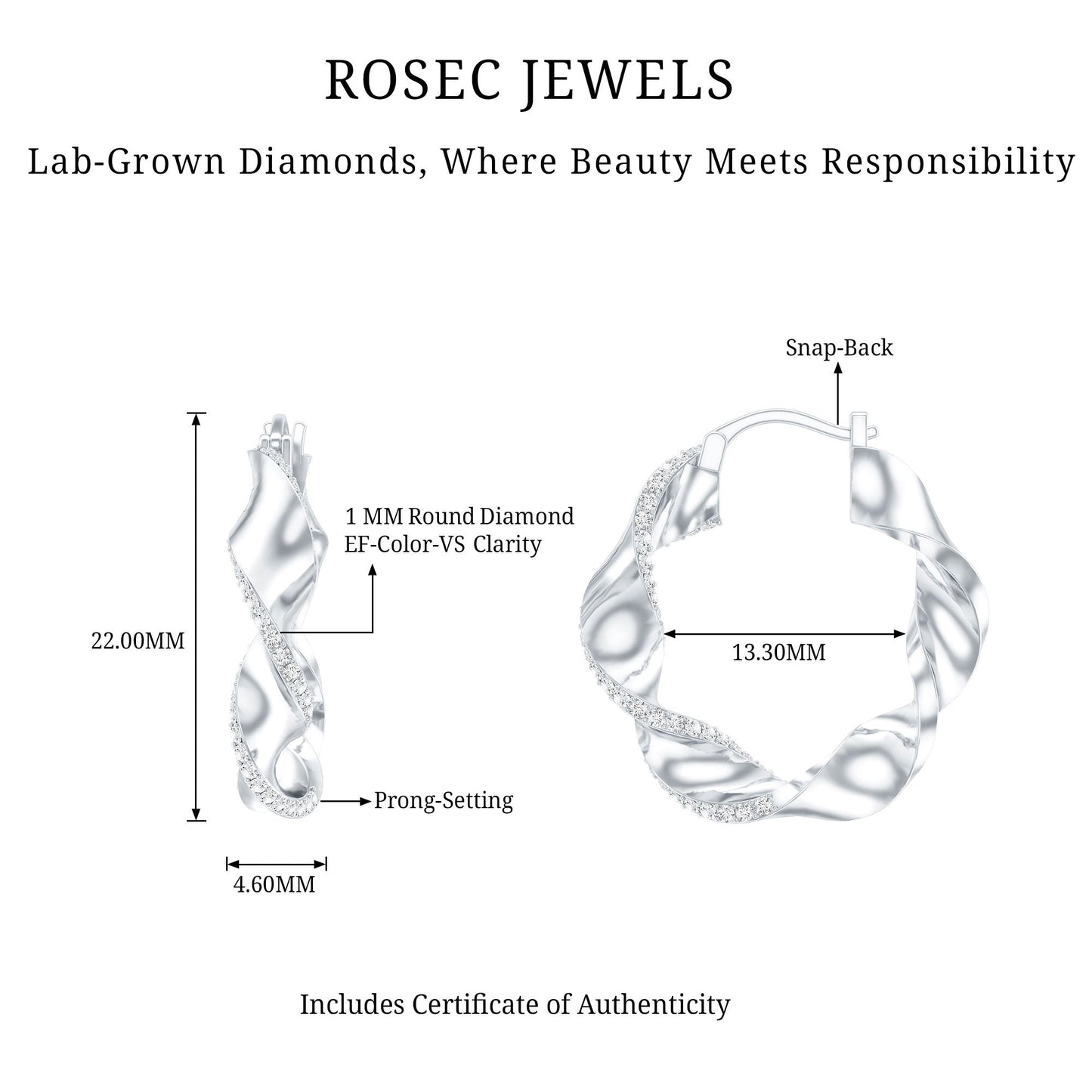 Lab Grown Diamond Twisted Hoop Earrings with Snap Back