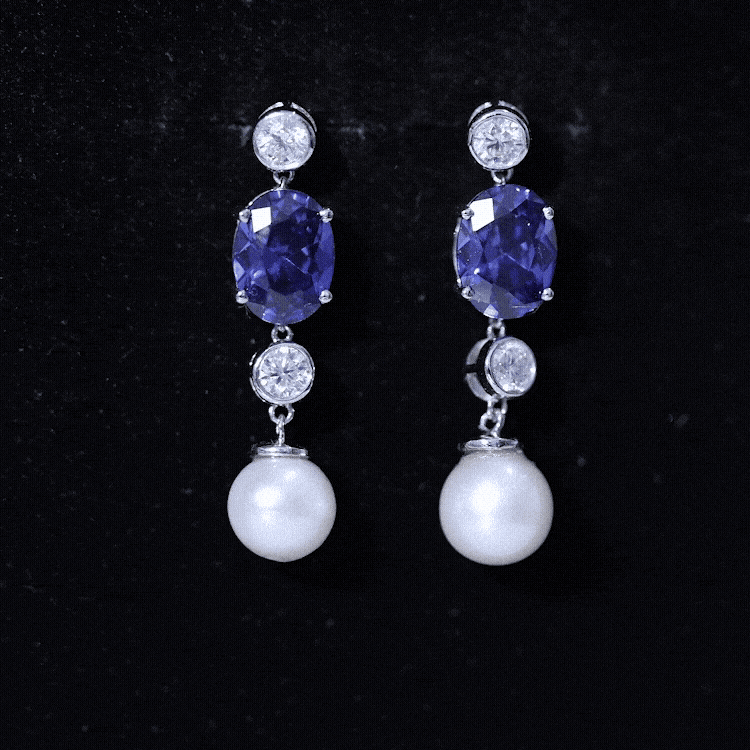 Lab Created Blue Sapphire and Freshwater Pearl Dangle Earrings with Moissanite