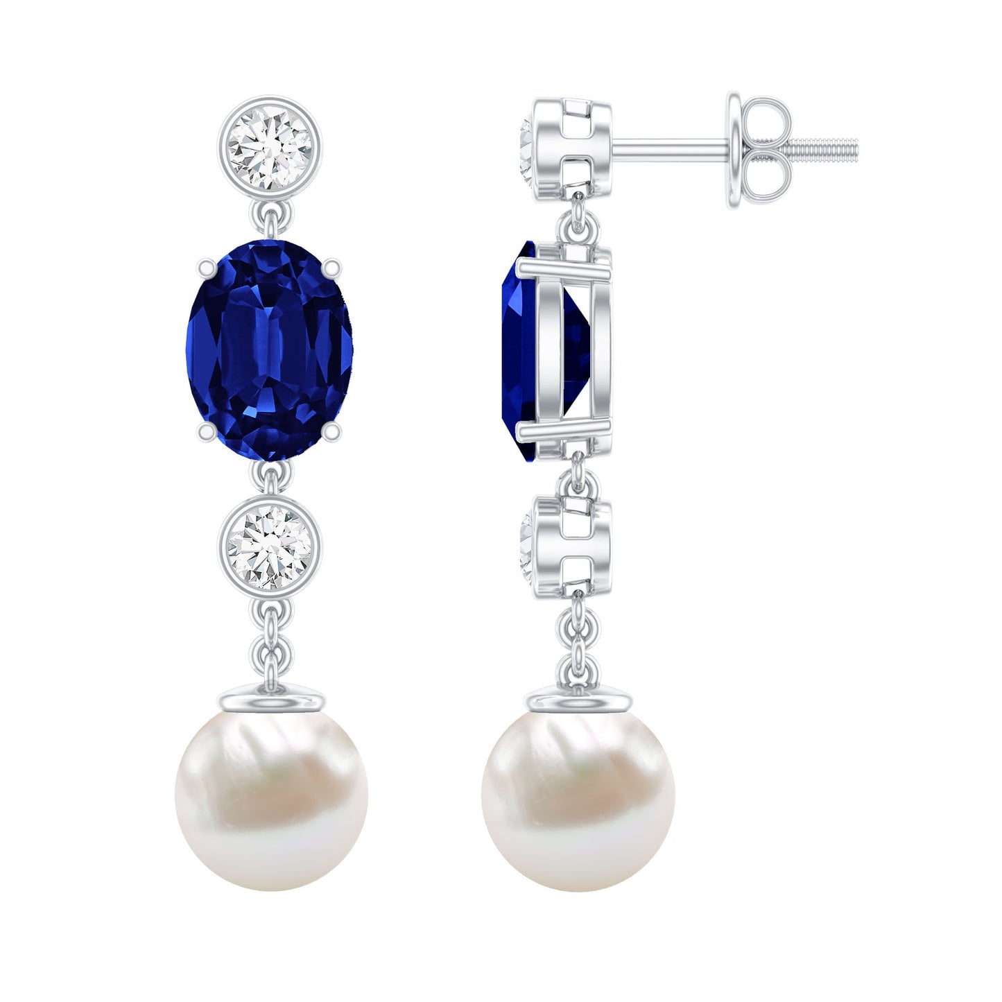 Lab Created Blue Sapphire and Freshwater Pearl Dangle Earrings with Moissanite
