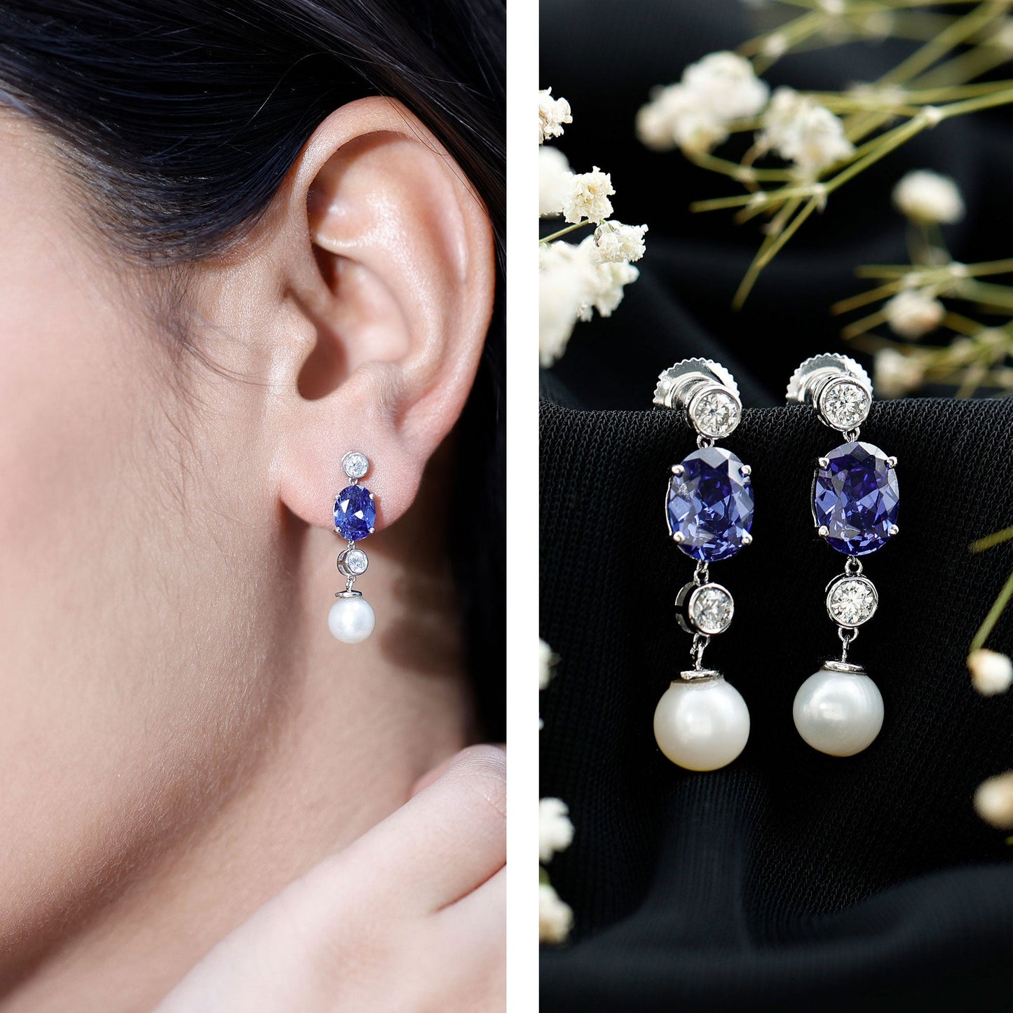 Lab Created Blue Sapphire and Freshwater Pearl Dangle Earrings with Moissanite