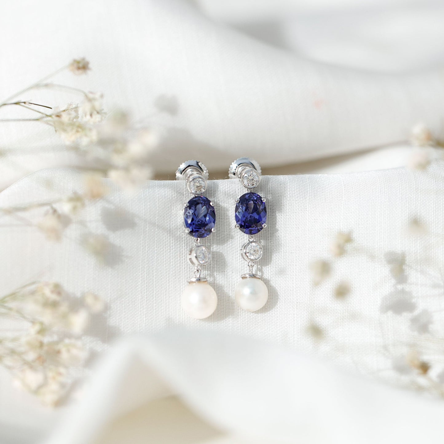 Lab Created Blue Sapphire and Freshwater Pearl Dangle Earrings with Moissanite