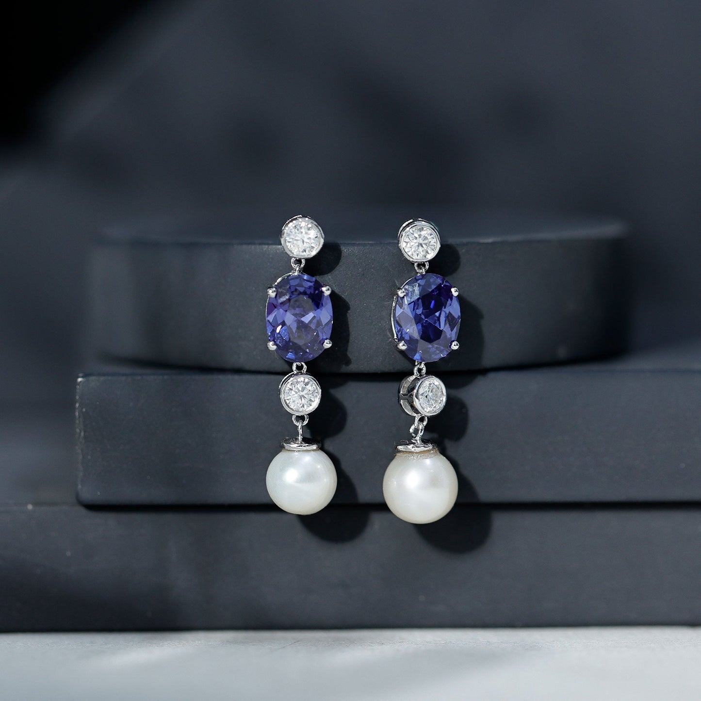 Lab Created Blue Sapphire and Freshwater Pearl Dangle Earrings with Moissanite