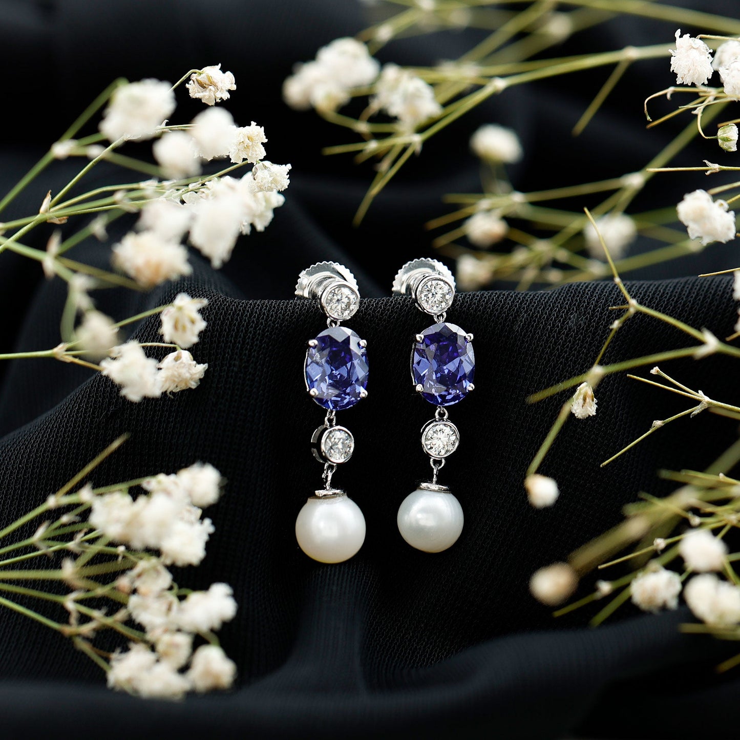 Lab Created Blue Sapphire and Freshwater Pearl Dangle Earrings with Moissanite