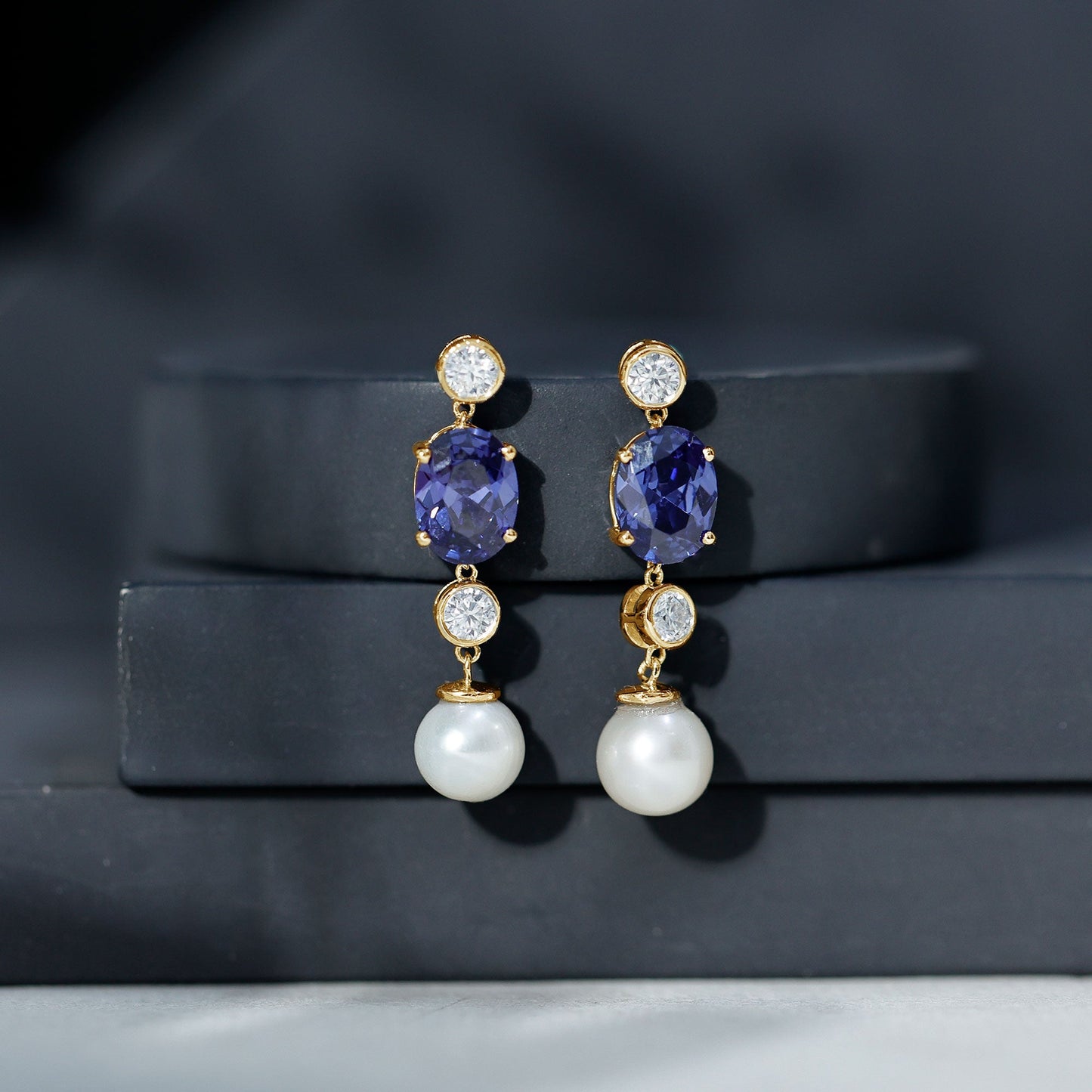 Lab Created Blue Sapphire and Freshwater Pearl Dangle Earrings with Moissanite