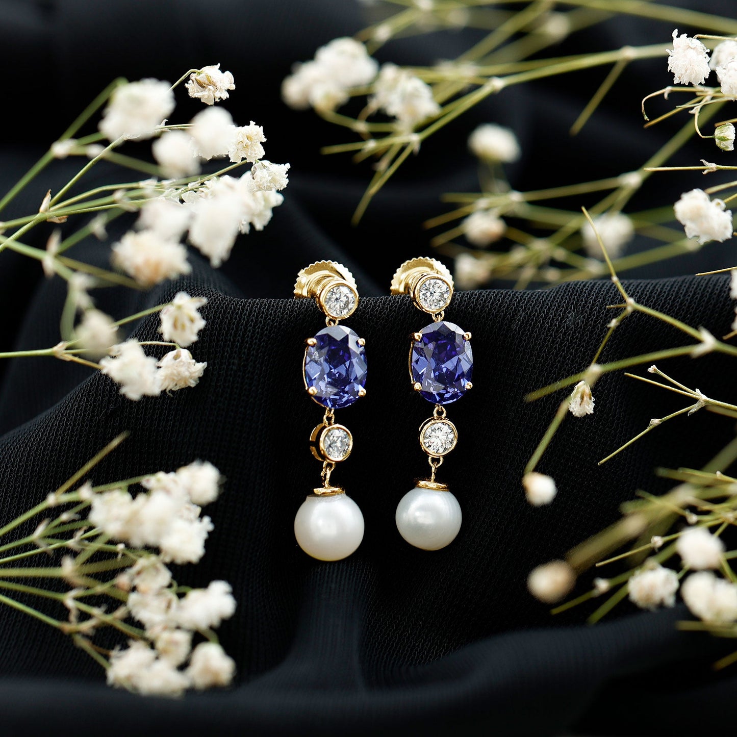 Lab Created Blue Sapphire and Freshwater Pearl Dangle Earrings with Moissanite