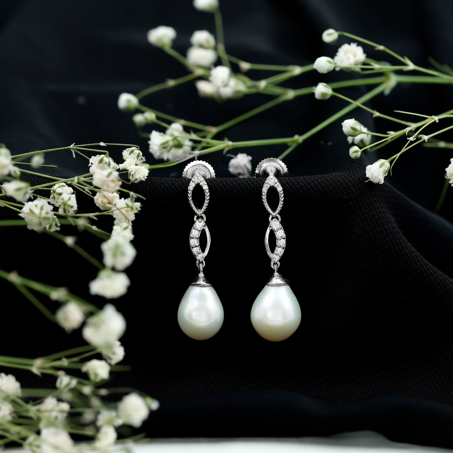 Genuine Freshwater Pearl and Diamond Infinity Drop Earrings