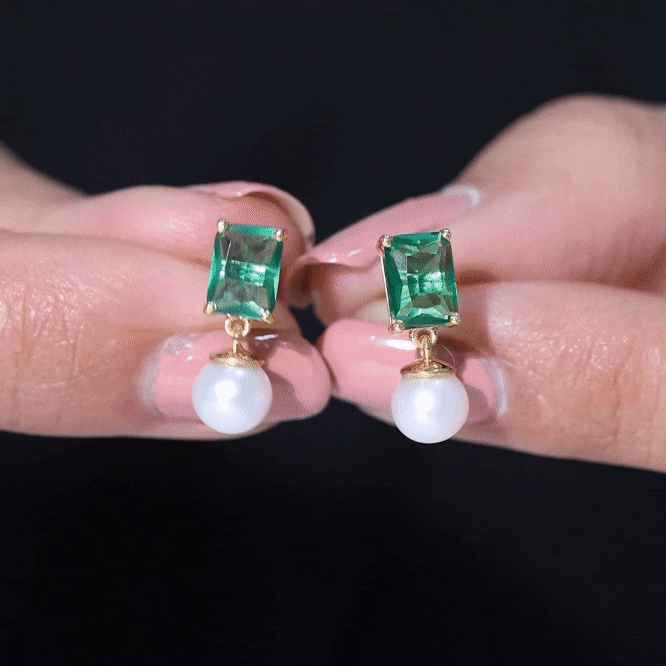 Certified Emerald Cut Lab Grown Emerald and Pearl Drop Earrings