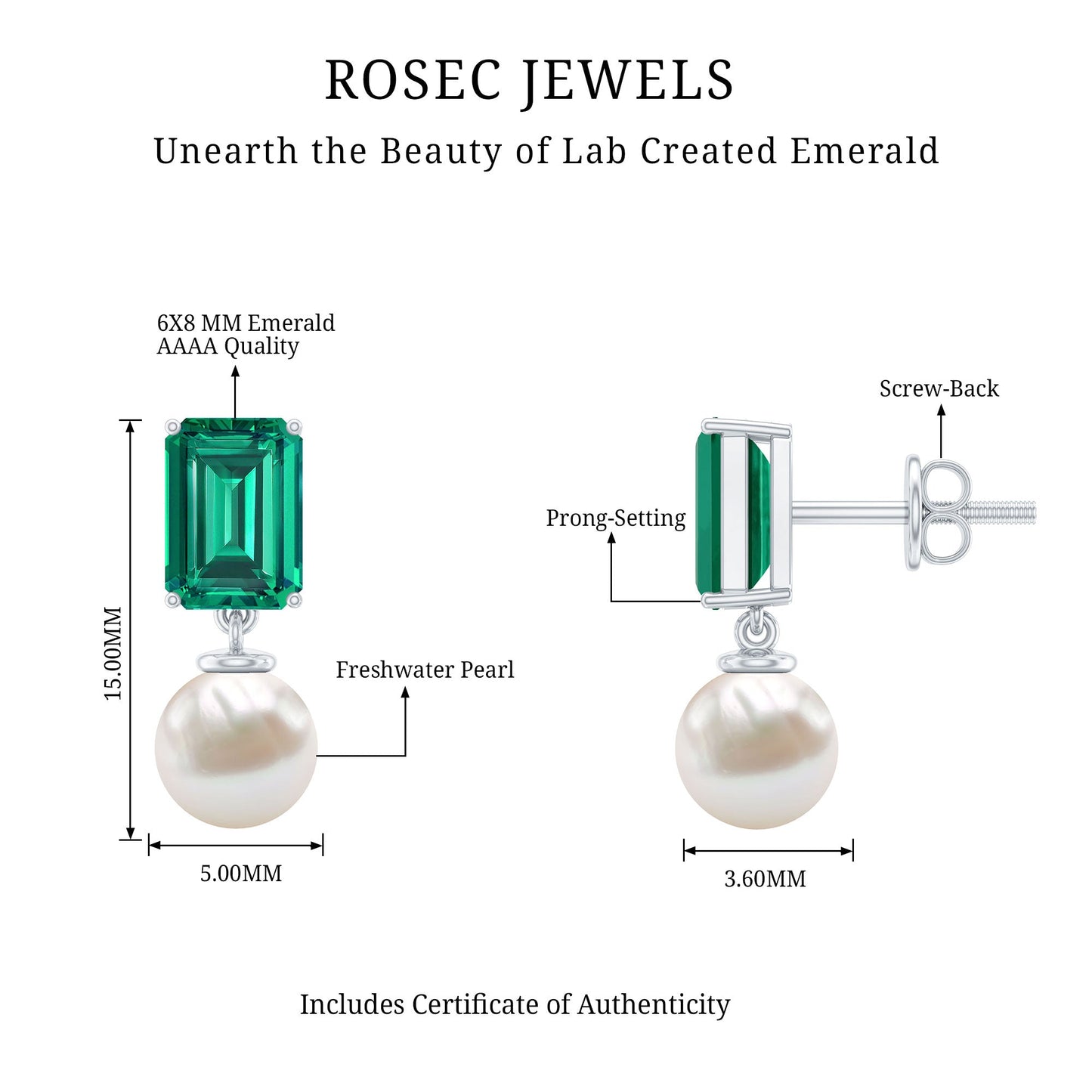 Certified Emerald Cut Lab Grown Emerald and Pearl Drop Earrings