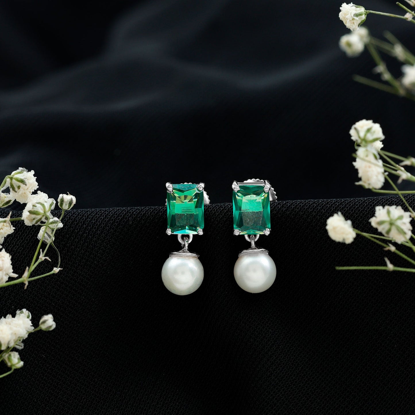 Certified Emerald Cut Lab Grown Emerald and Pearl Drop Earrings