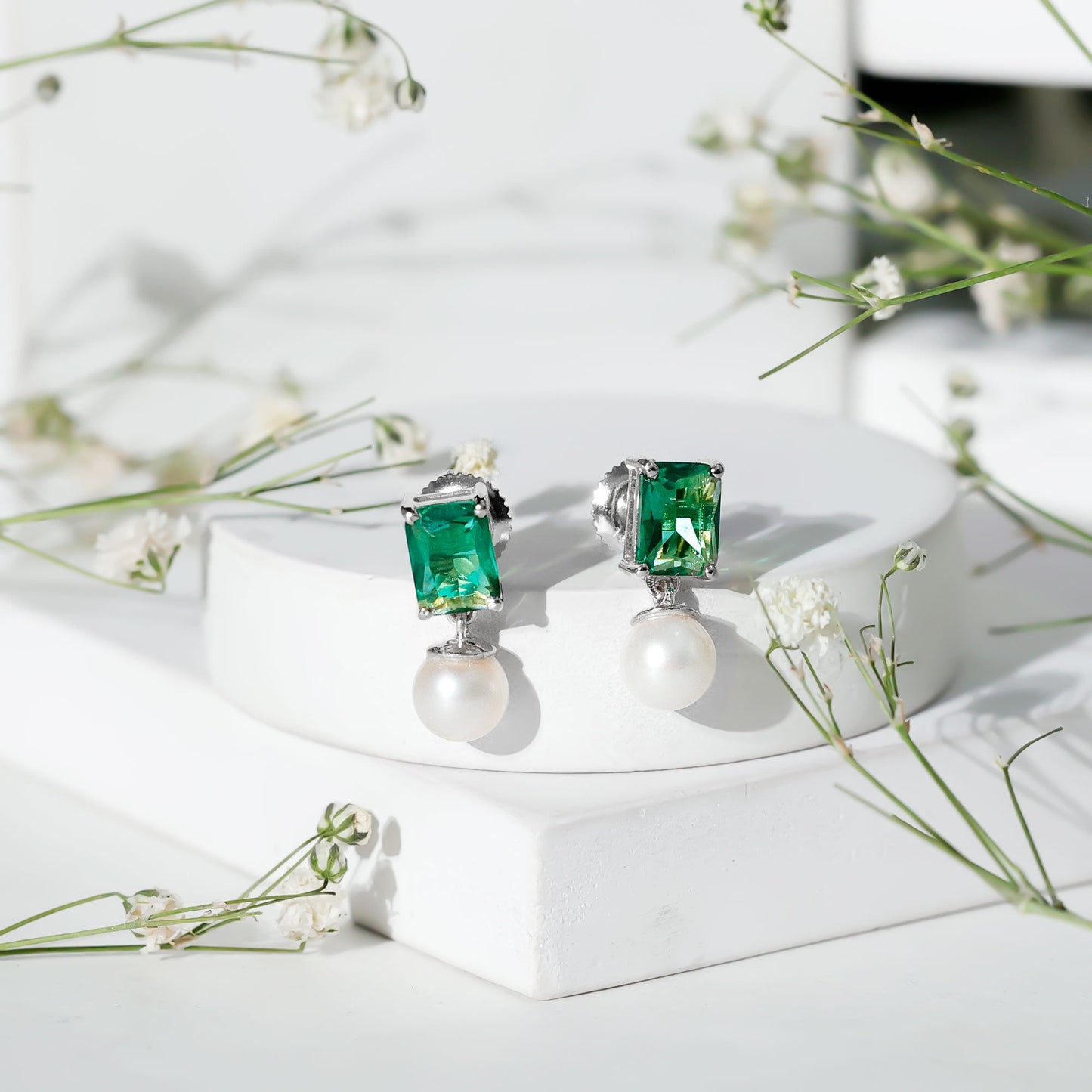 Certified Emerald Cut Lab Grown Emerald and Pearl Drop Earrings