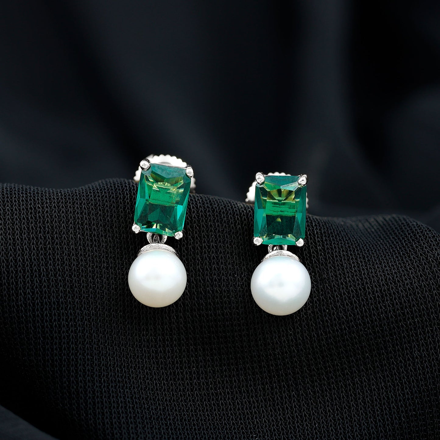 Certified Emerald Cut Lab Grown Emerald and Pearl Drop Earrings