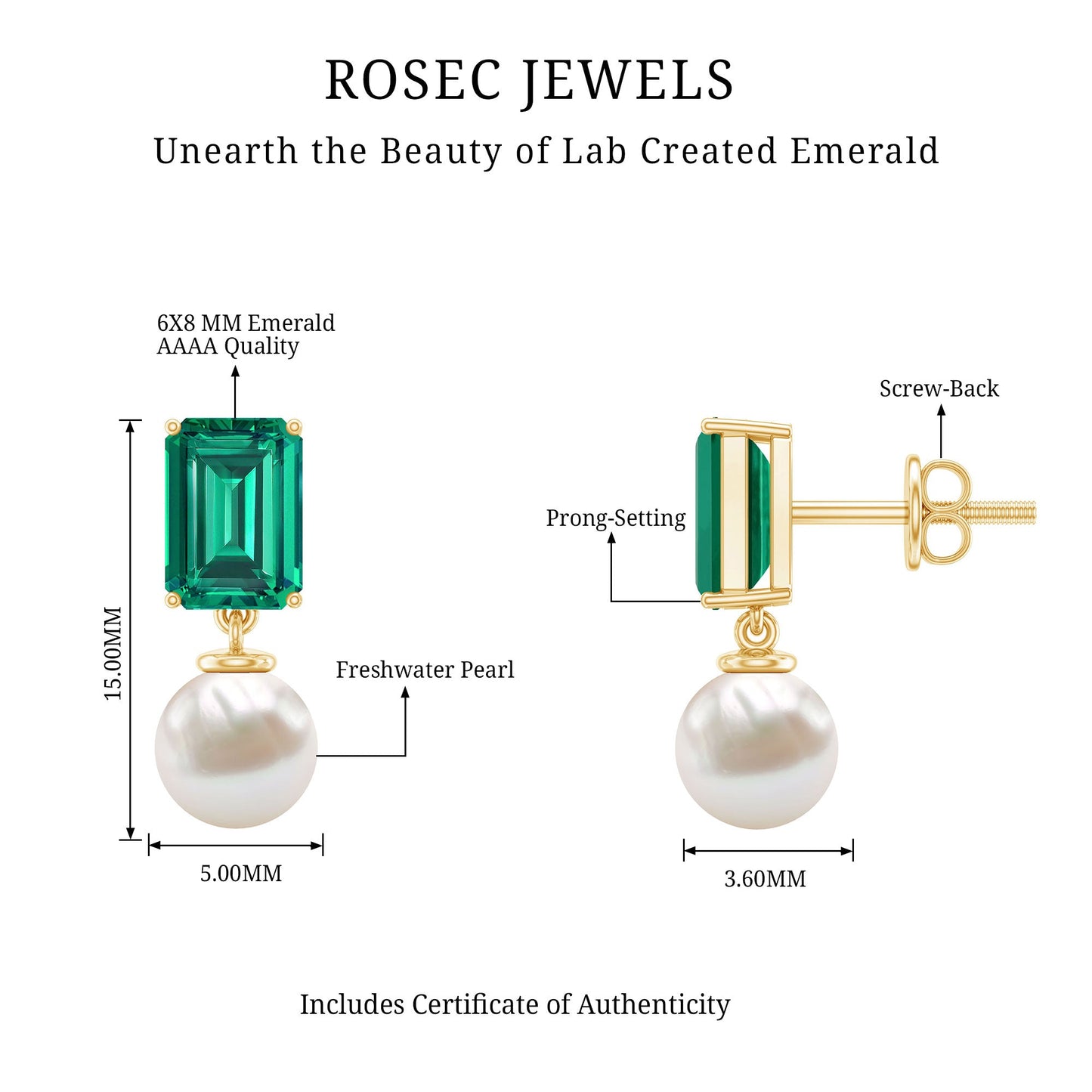 Certified Emerald Cut Lab Grown Emerald and Pearl Drop Earrings