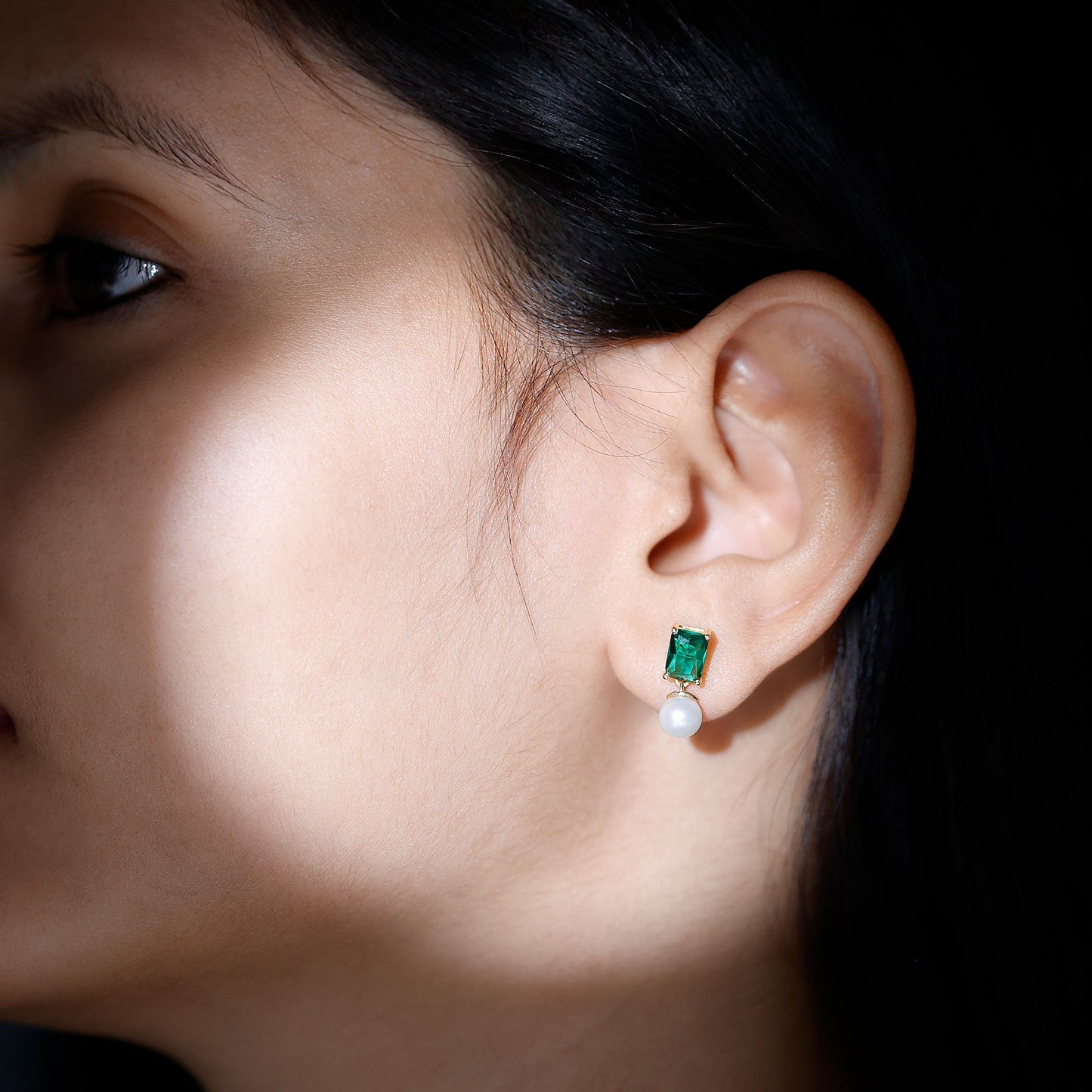 Certified Emerald Cut Lab Grown Emerald and Pearl Drop Earrings