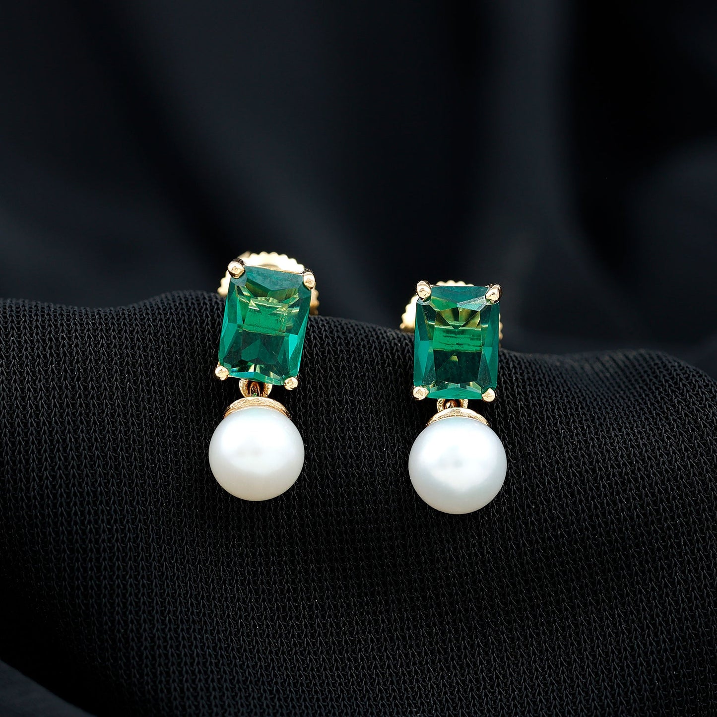 Certified Emerald Cut Lab Grown Emerald and Pearl Drop Earrings