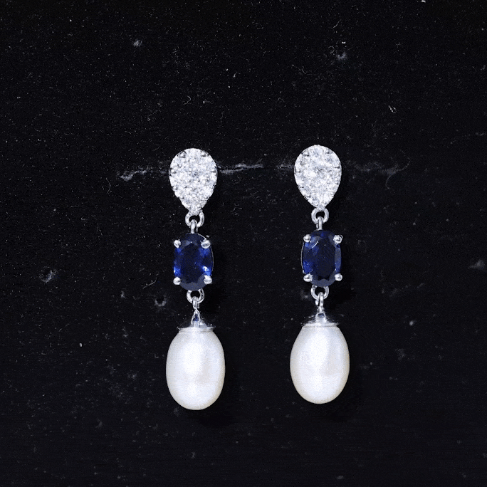 Teardrop Shape Freshwater Pearl Dangle Earrings with Lab Sapphire