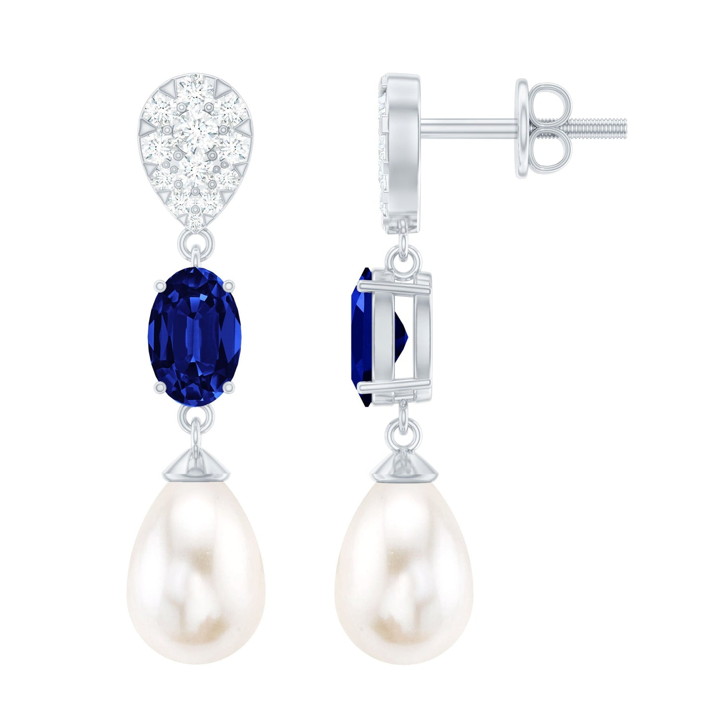 Teardrop Shape Freshwater Pearl Dangle Earrings with Lab Sapphire