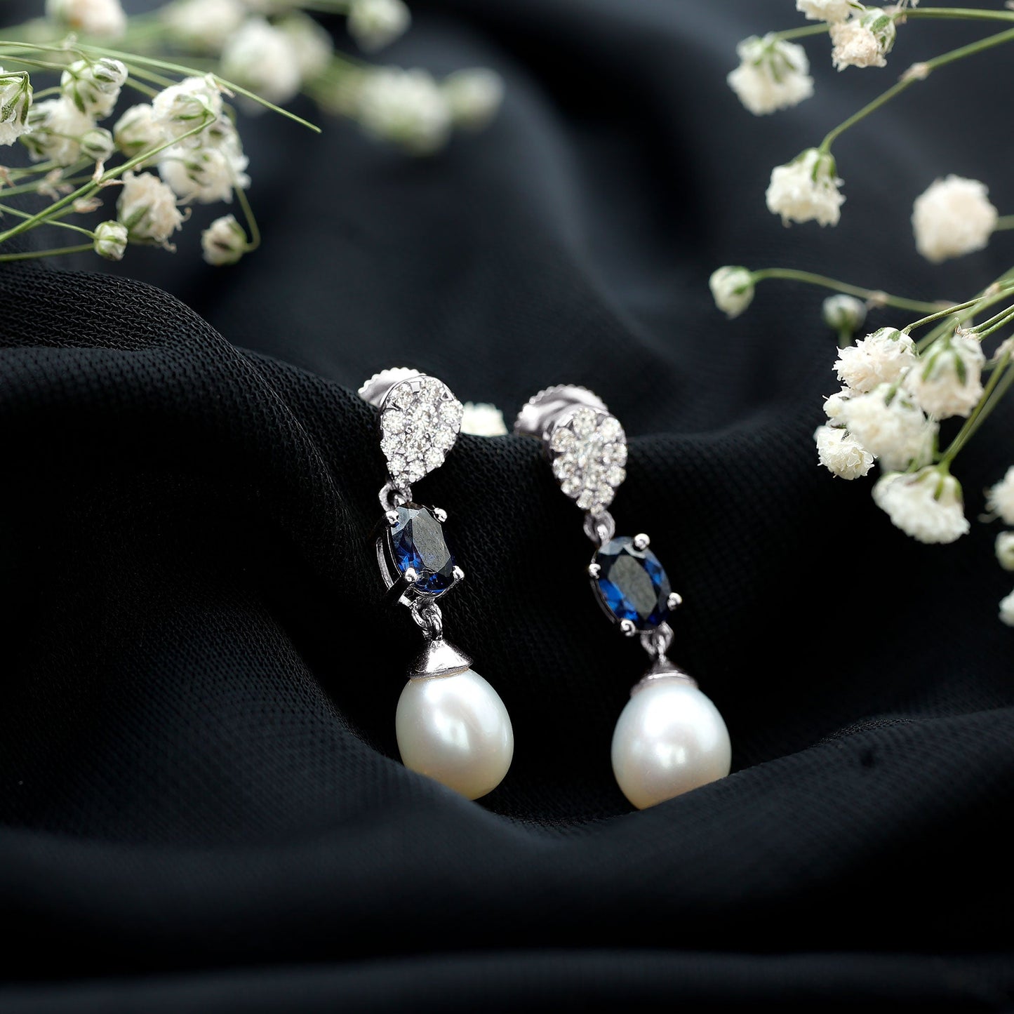 Teardrop Shape Freshwater Pearl Dangle Earrings with Lab Sapphire
