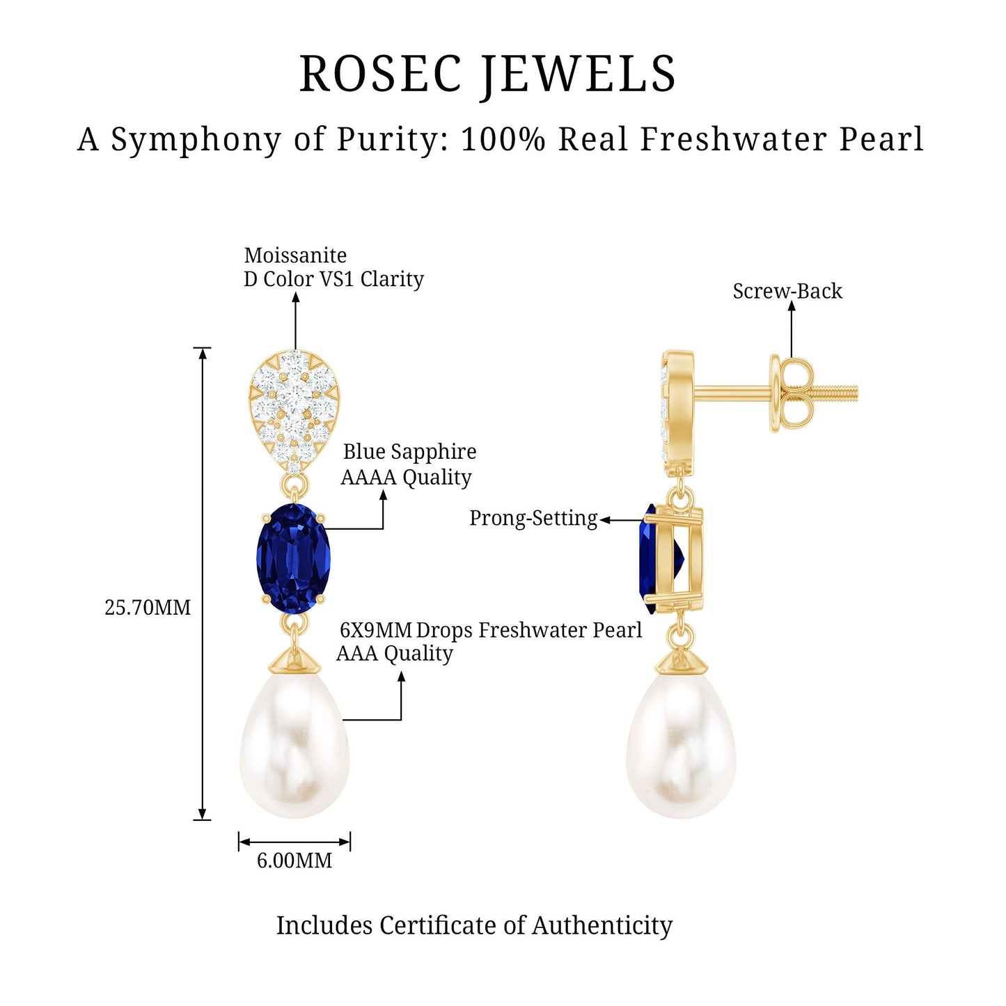 Teardrop Shape Freshwater Pearl Dangle Earrings with Lab Sapphire