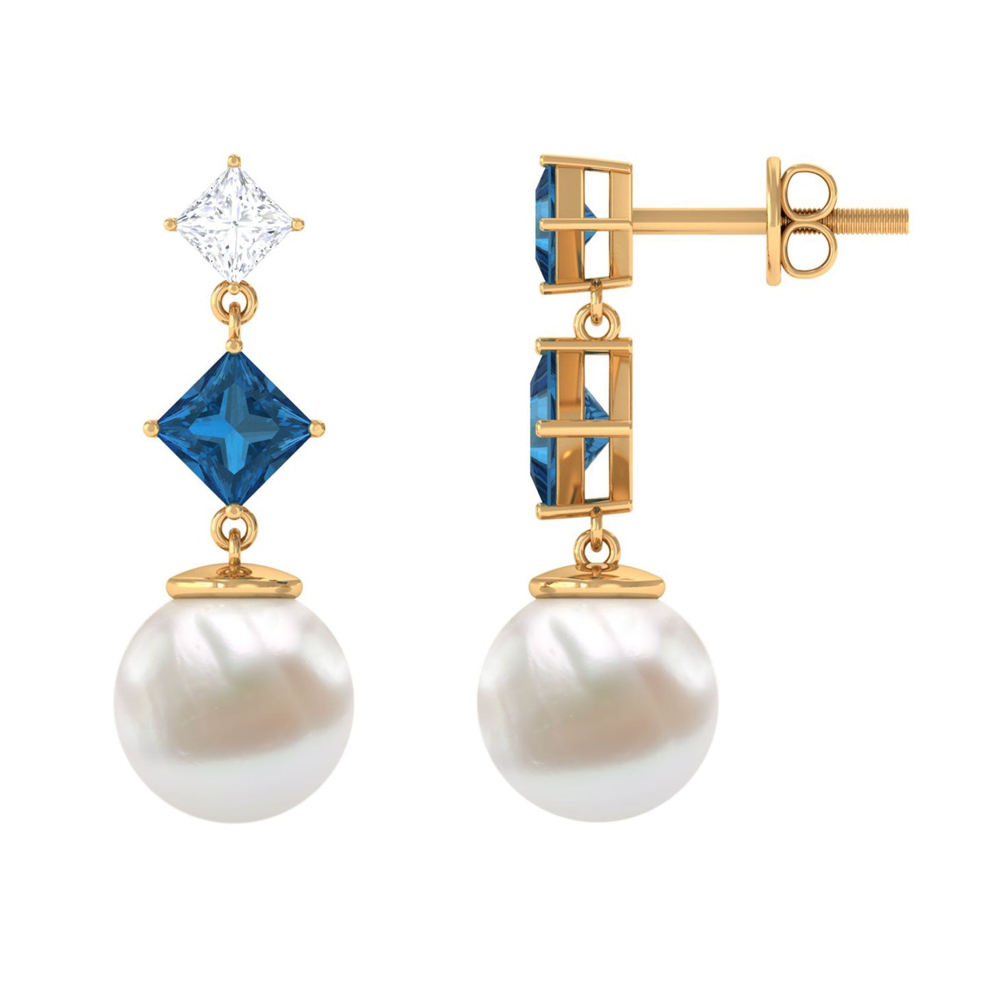 14.9 CT Freshwater Pearl and London Blue Topaz Dangle Drop Earrings with Moissanite