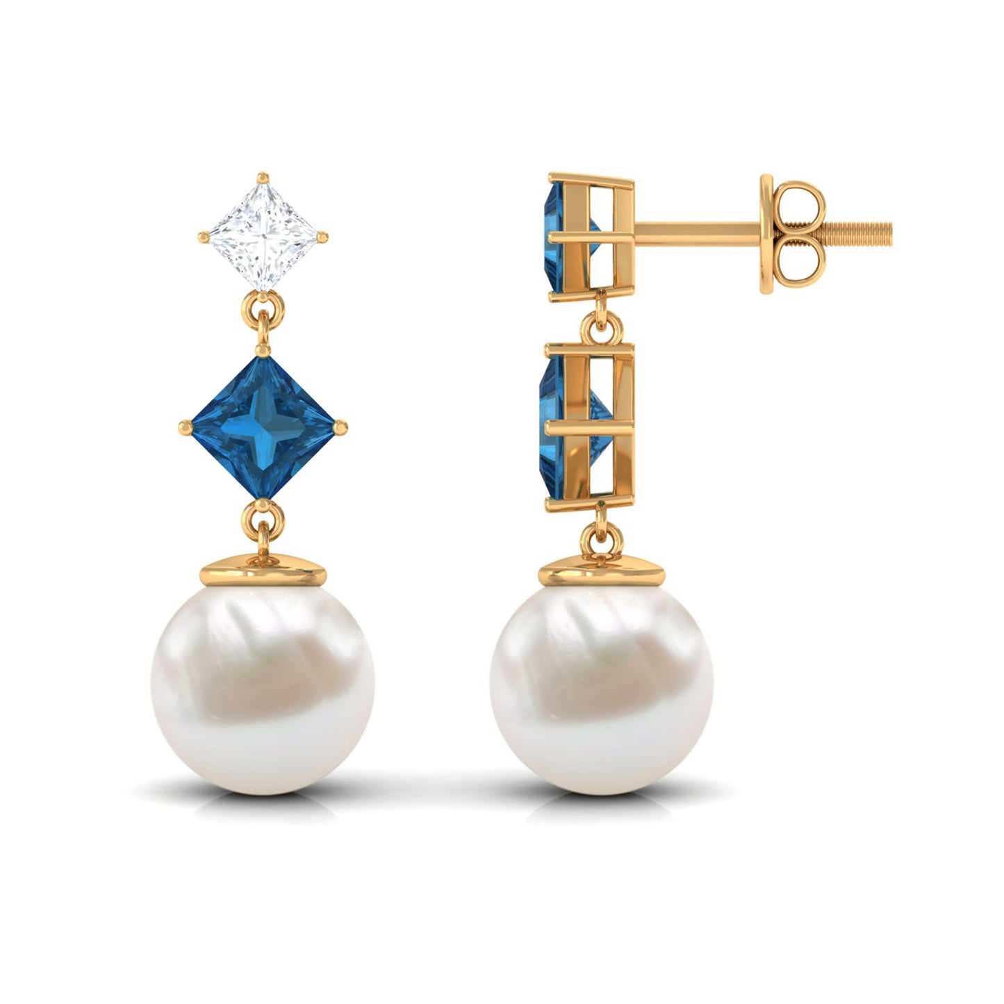 14.9 CT Freshwater Pearl and London Blue Topaz Dangle Drop Earrings with Moissanite