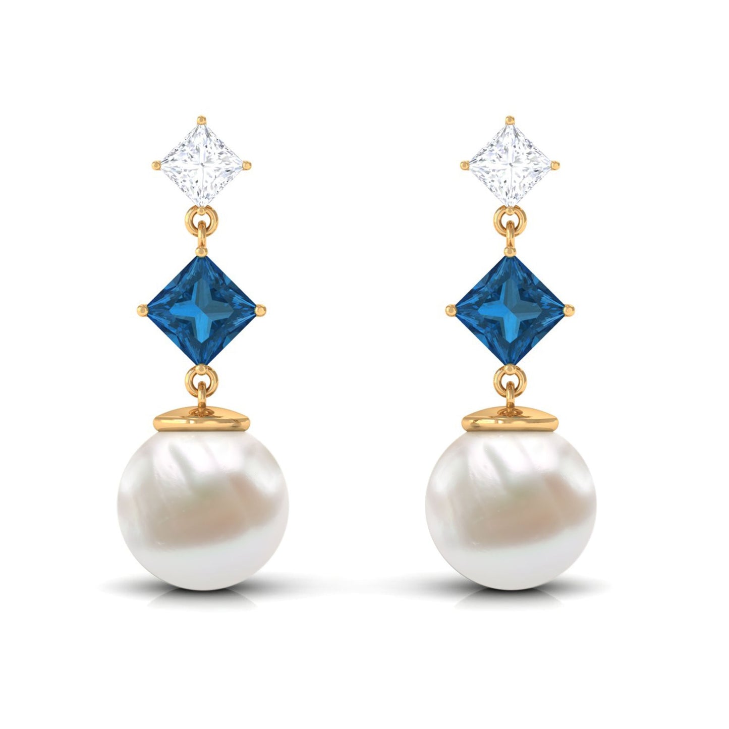 14.9 CT Freshwater Pearl and London Blue Topaz Dangle Drop Earrings with Moissanite