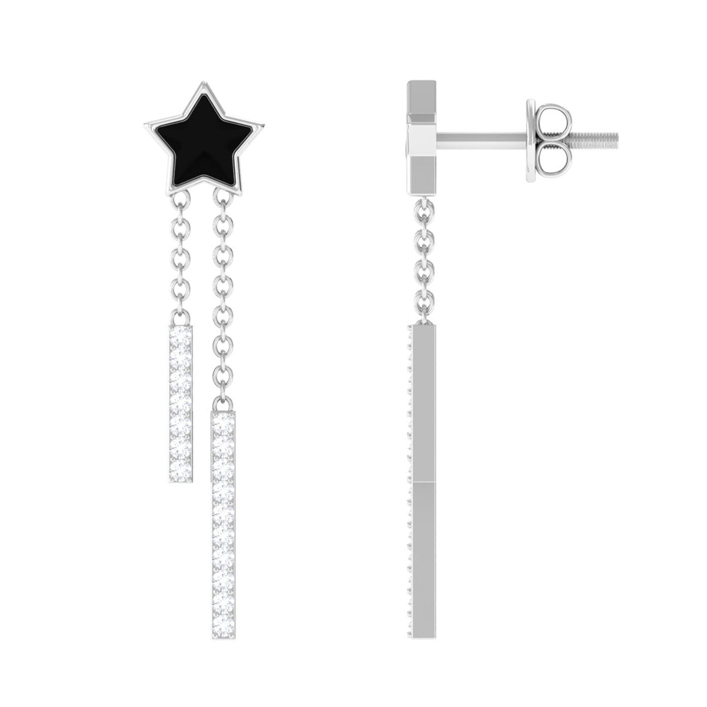 Moissanite Chain Star Dangle Earrings with Black Enamel
