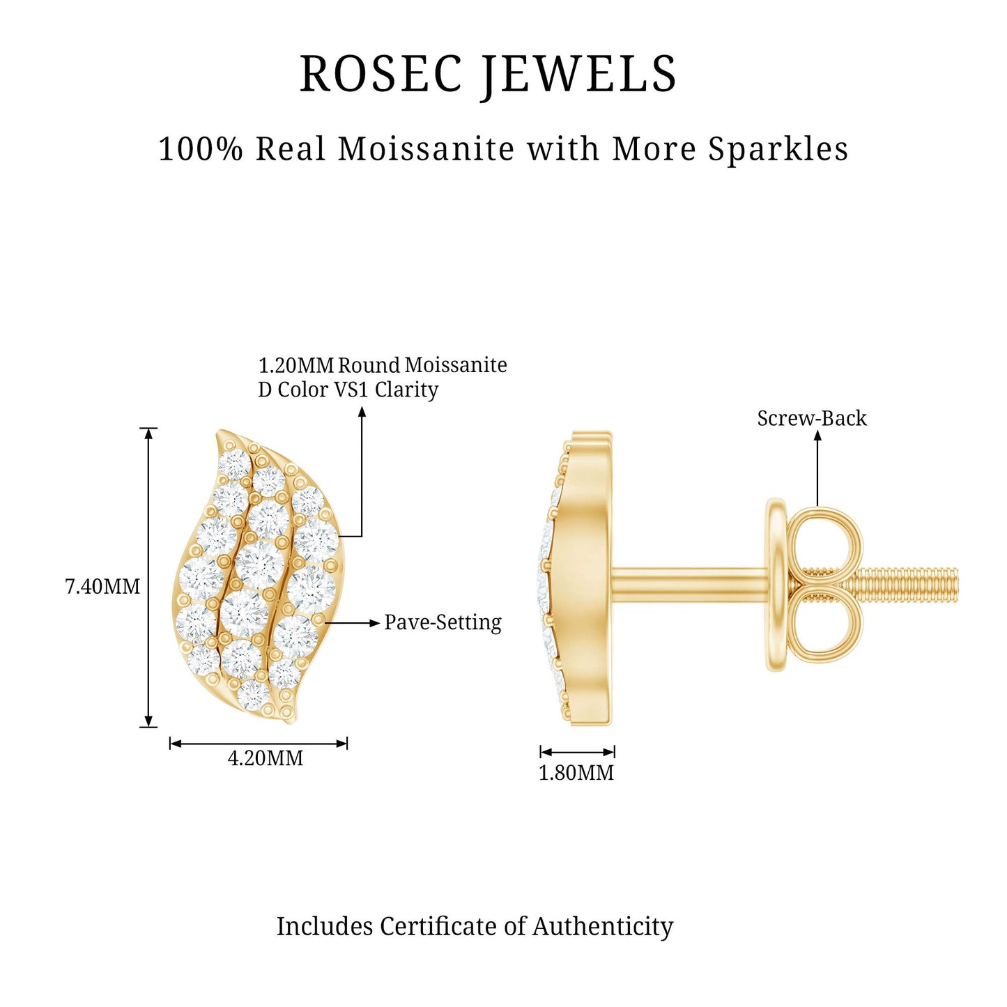 Certified Moissanite Leaf Stud Earrings in Pave Setting