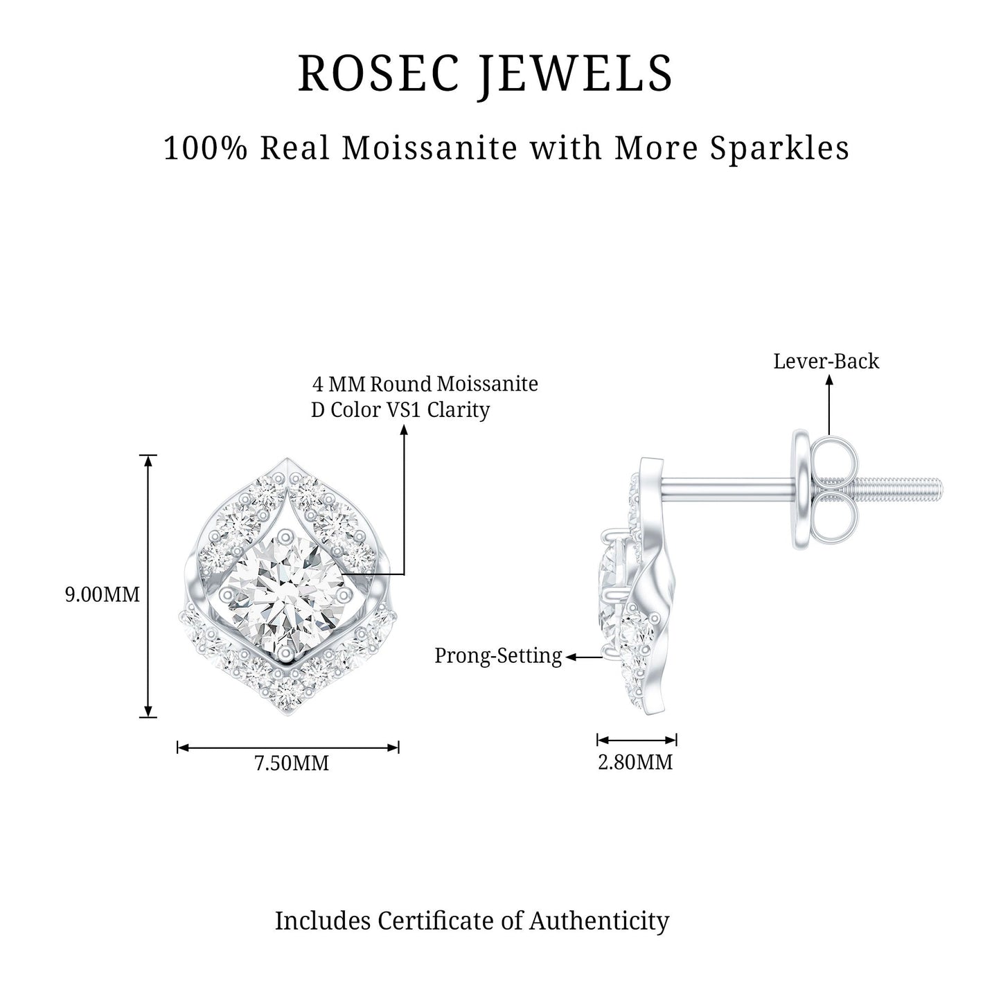 0.6 Carat Moissanite Petal Stud Earrings with Screw Back