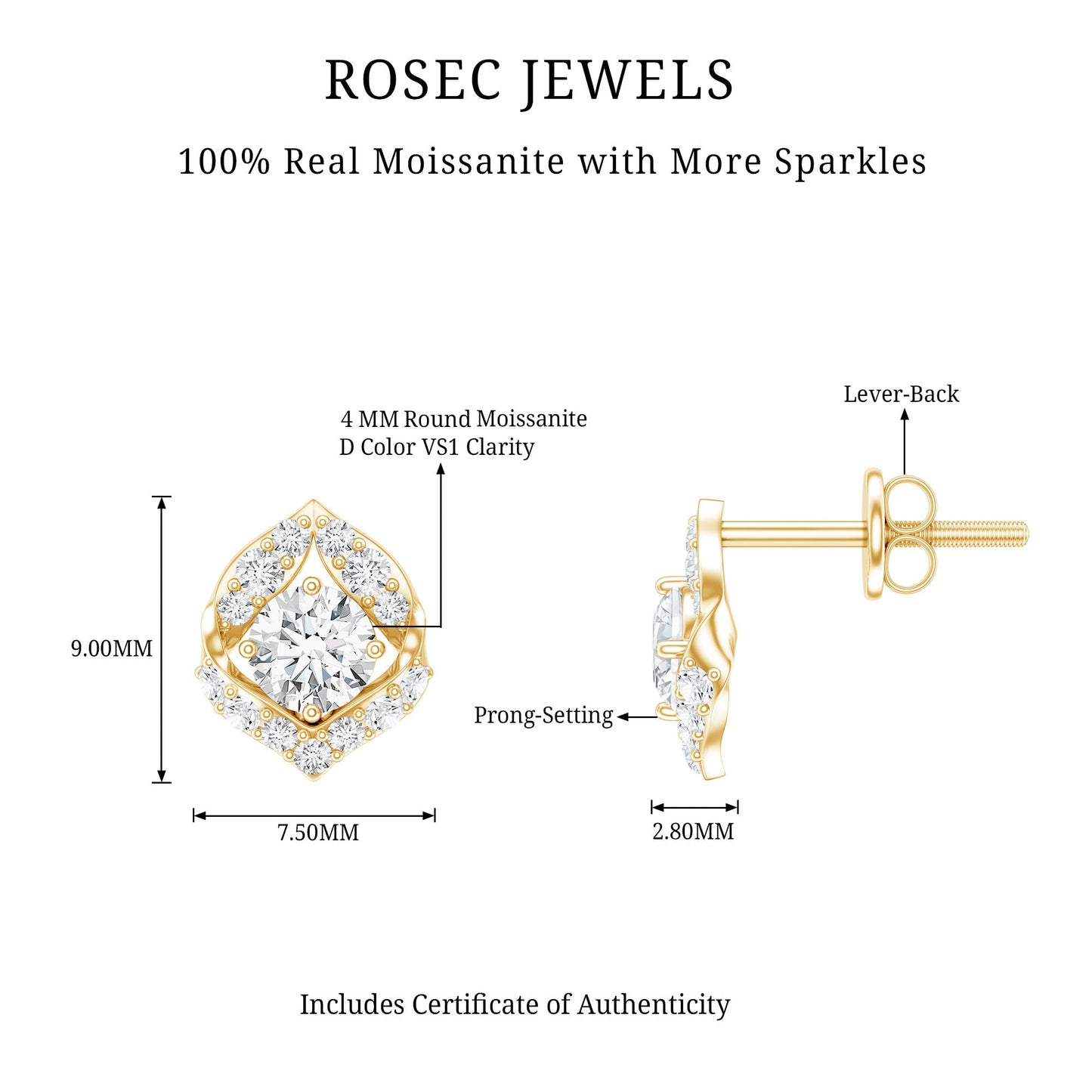 0.6 Carat Moissanite Petal Stud Earrings with Screw Back