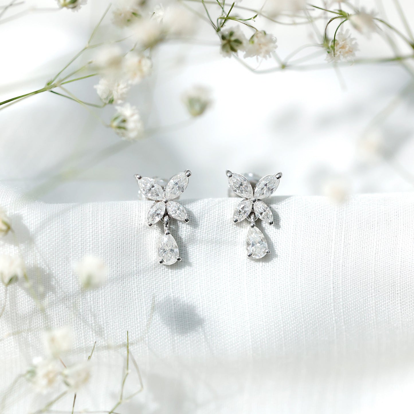 Marquise and Pear Cut Moissanite Flower Drop Earrings