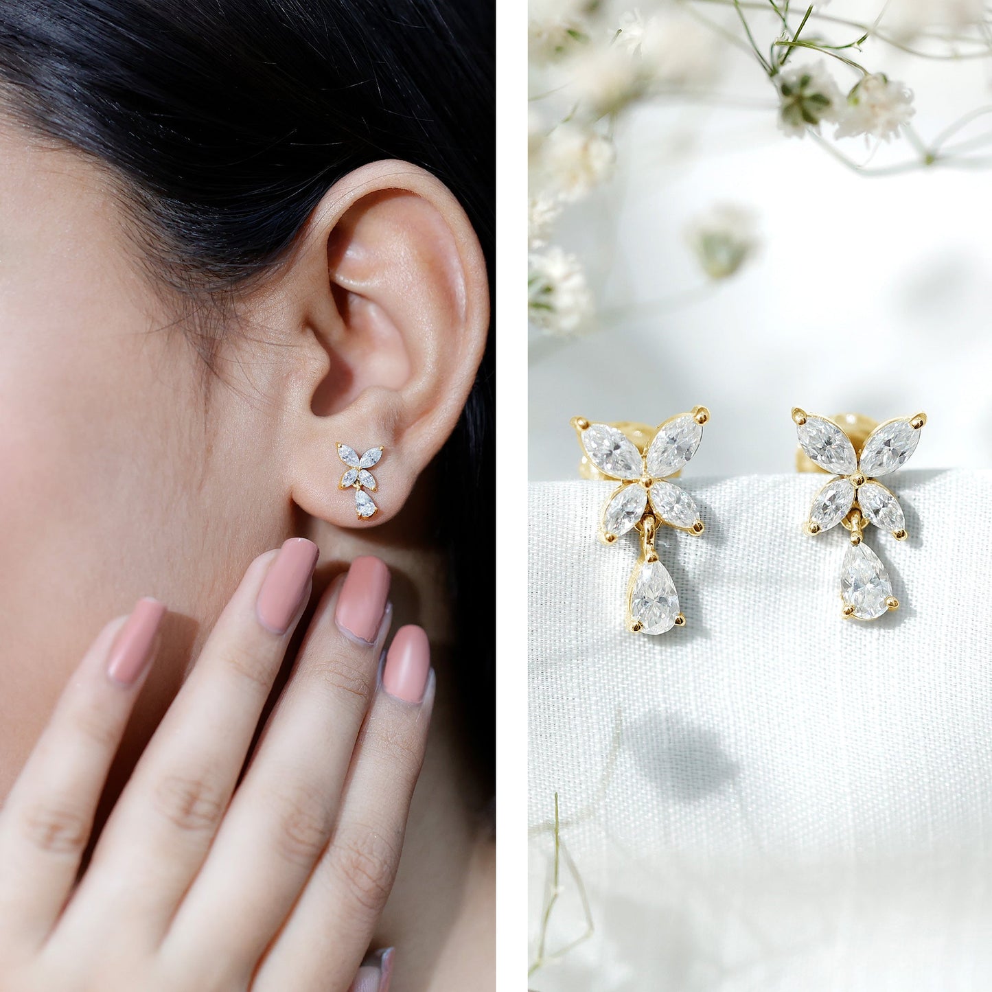 Marquise and Pear Cut Moissanite Flower Drop Earrings