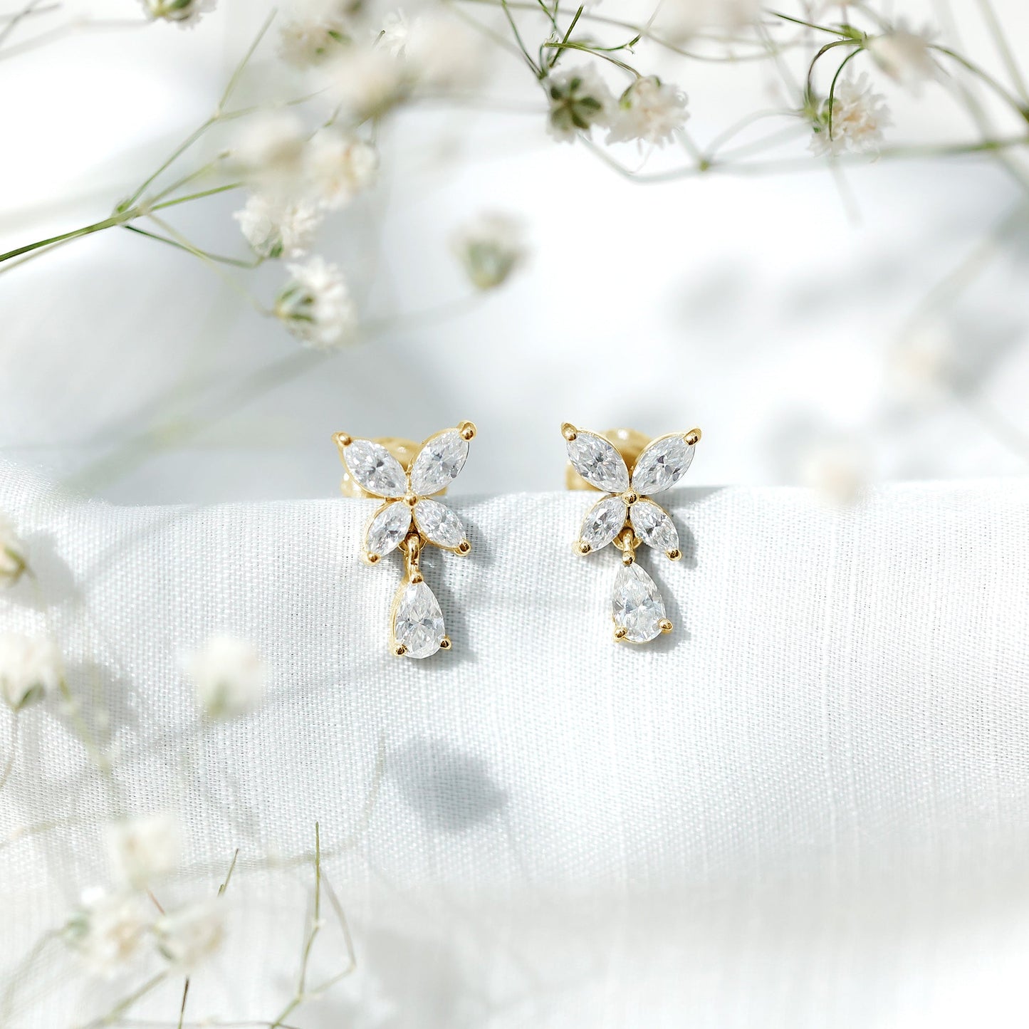 Marquise and Pear Cut Moissanite Flower Drop Earrings