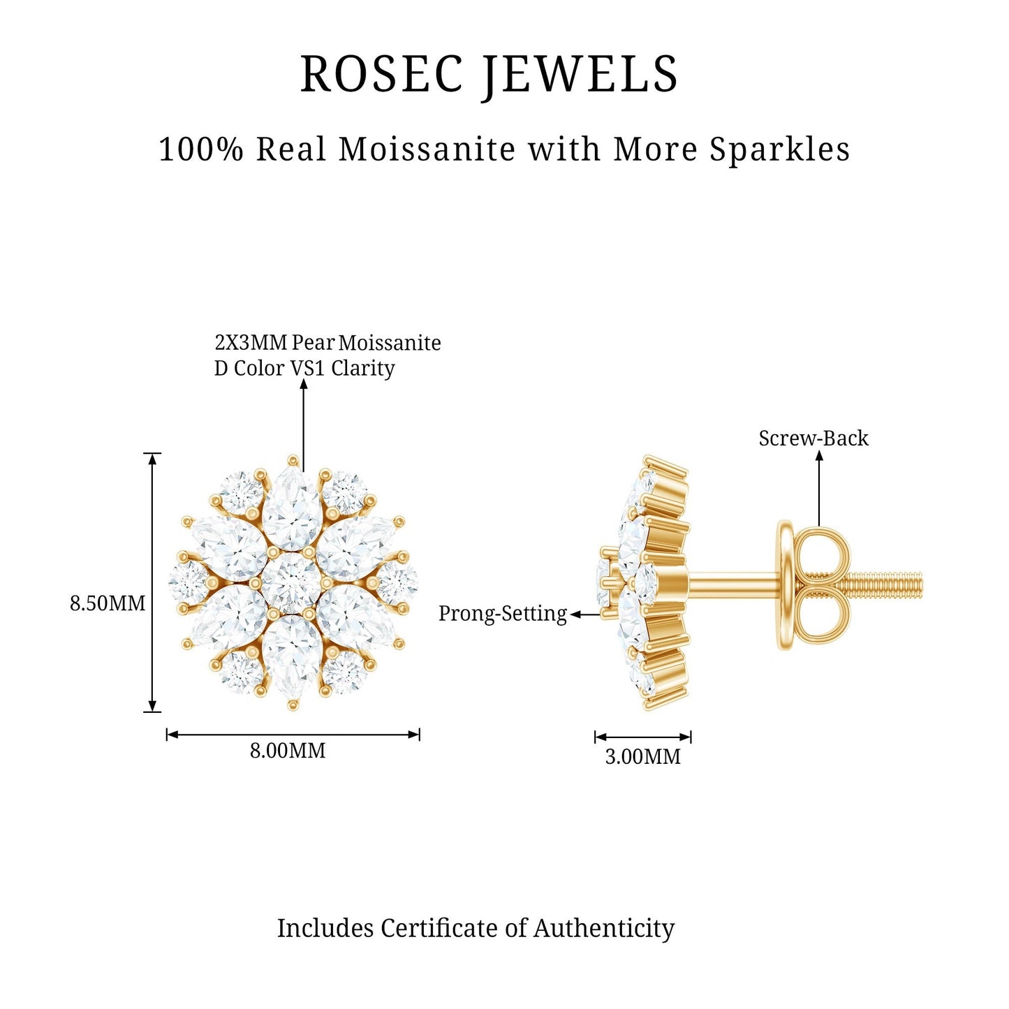 Certified Moissanite Flower Stud Earrings with Screw Back