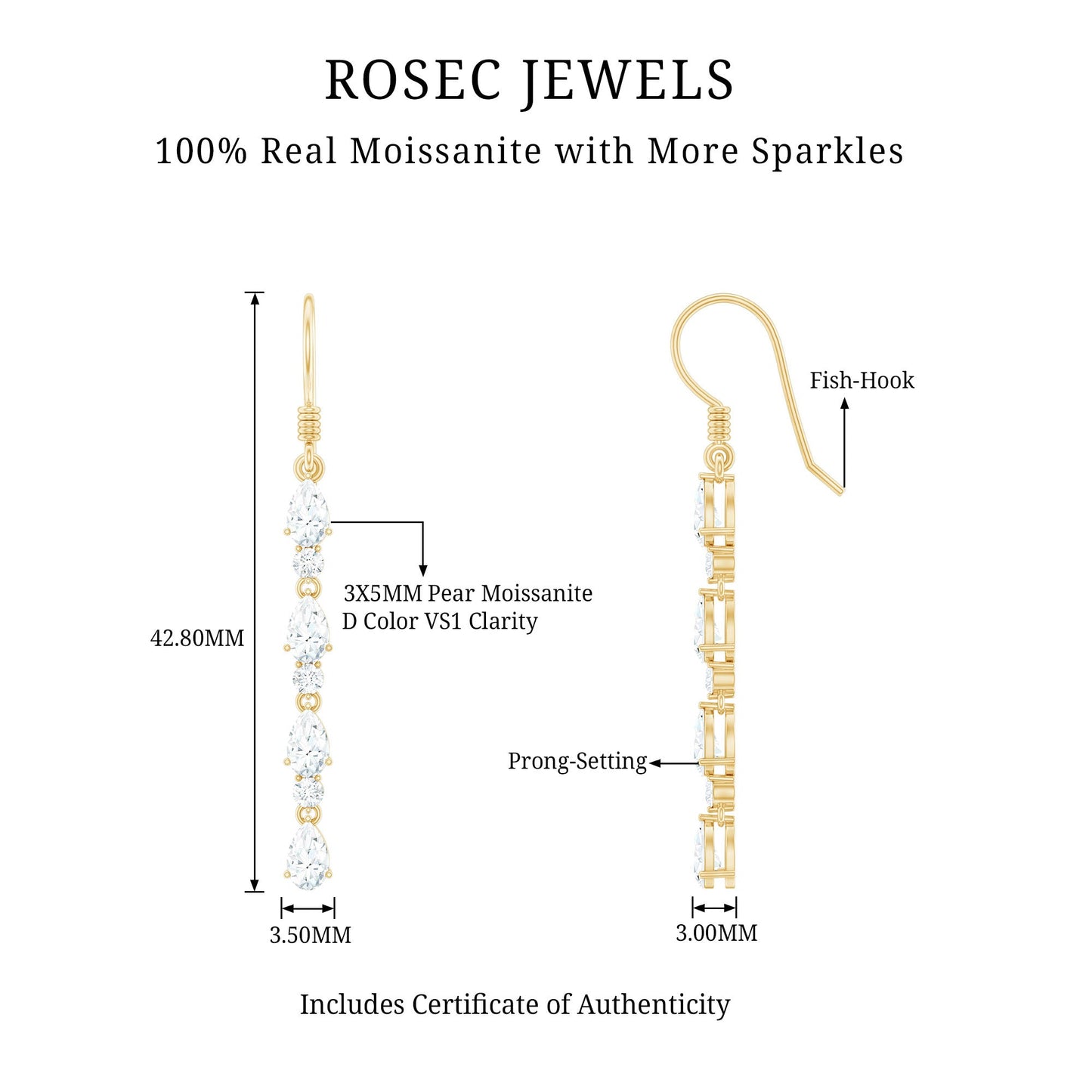 Pear and Round Cut Moissanite Dangle Earrings with Fish Hook
