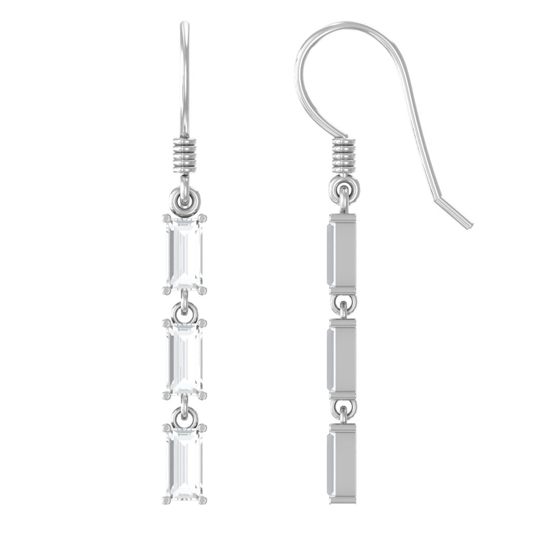 Certified Baguette Moissanite 3 Stone Dangle Earrings with Fish Hook
